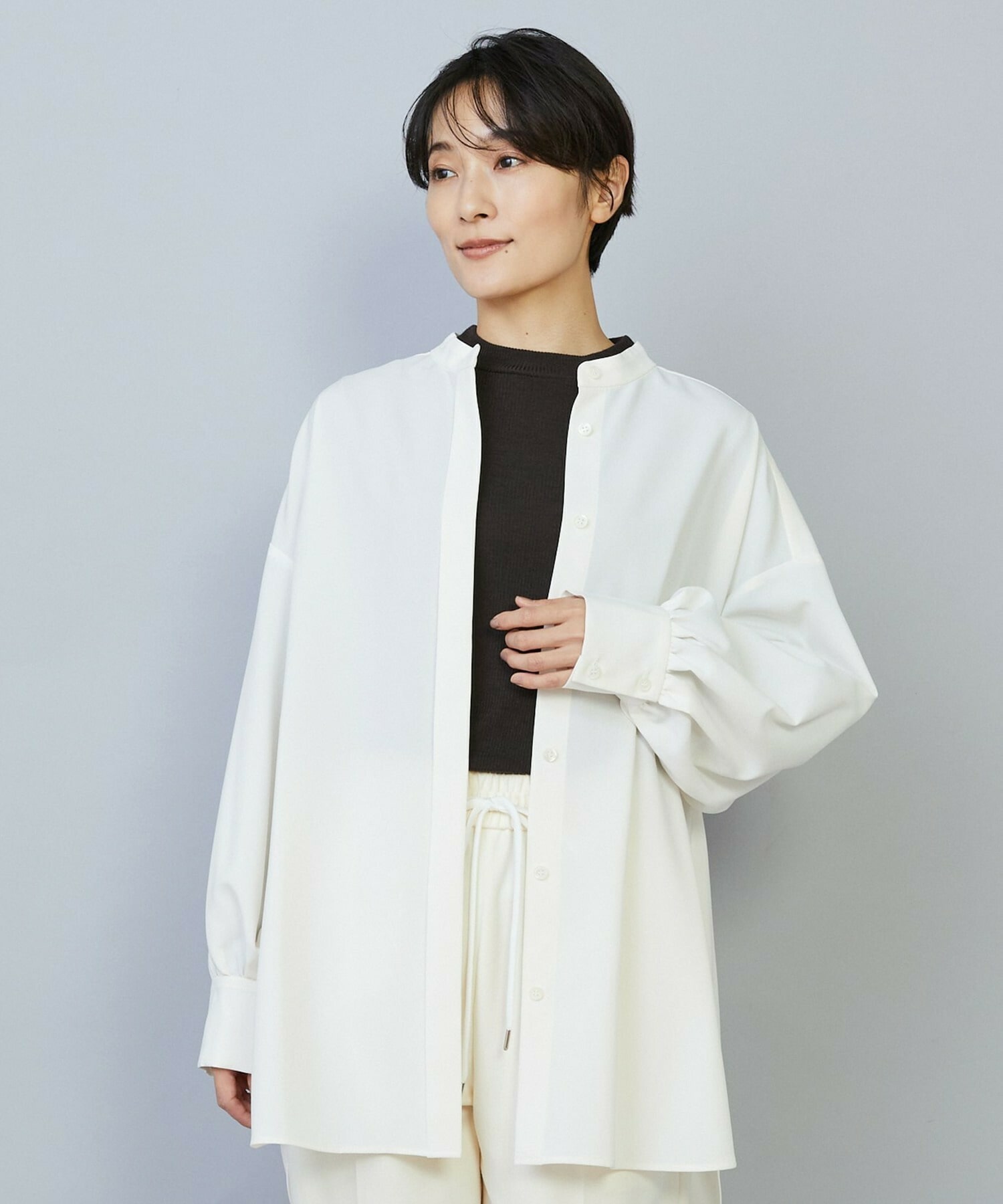 【MOGA】【Lサイズ】トロストレッチバンドカラーブラウス 詳細画像 オフホワイト 2