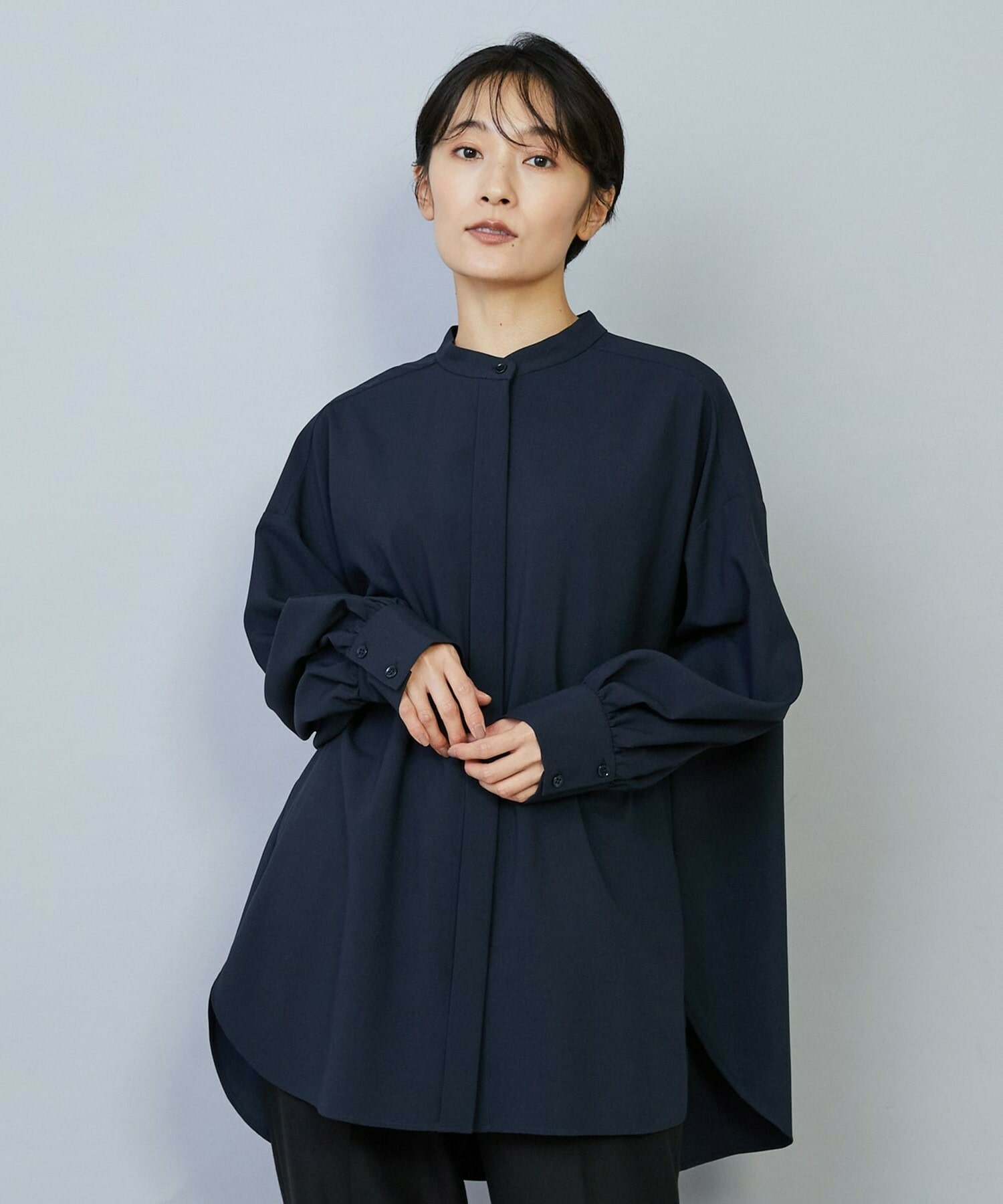 【MOGA】【Lサイズ】トロストレッチバンドカラーブラウス 詳細画像 ネイビー 2