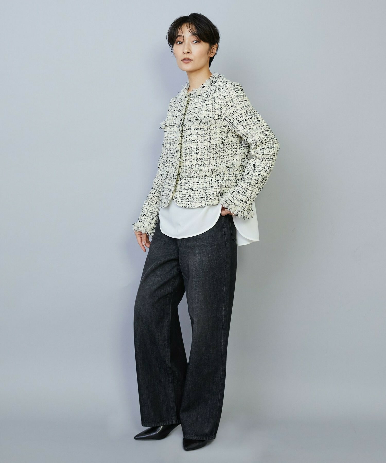 【MOGA】【Lサイズ】ファンシーヤーンツイードショートジャケット 詳細画像 オフホワイト 13