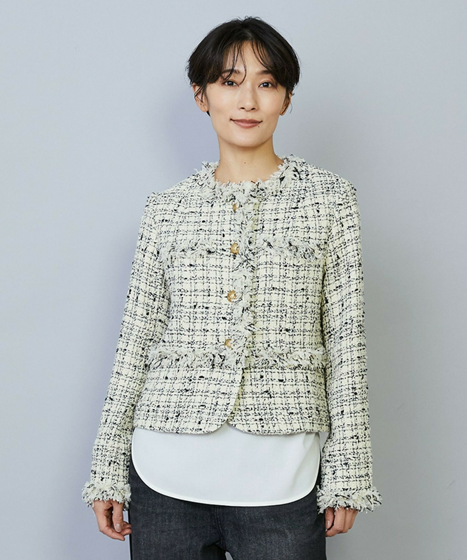 【MOGA】【Lサイズ】ファンシーヤーンツイードショートジャケット 詳細画像 オフホワイト 2