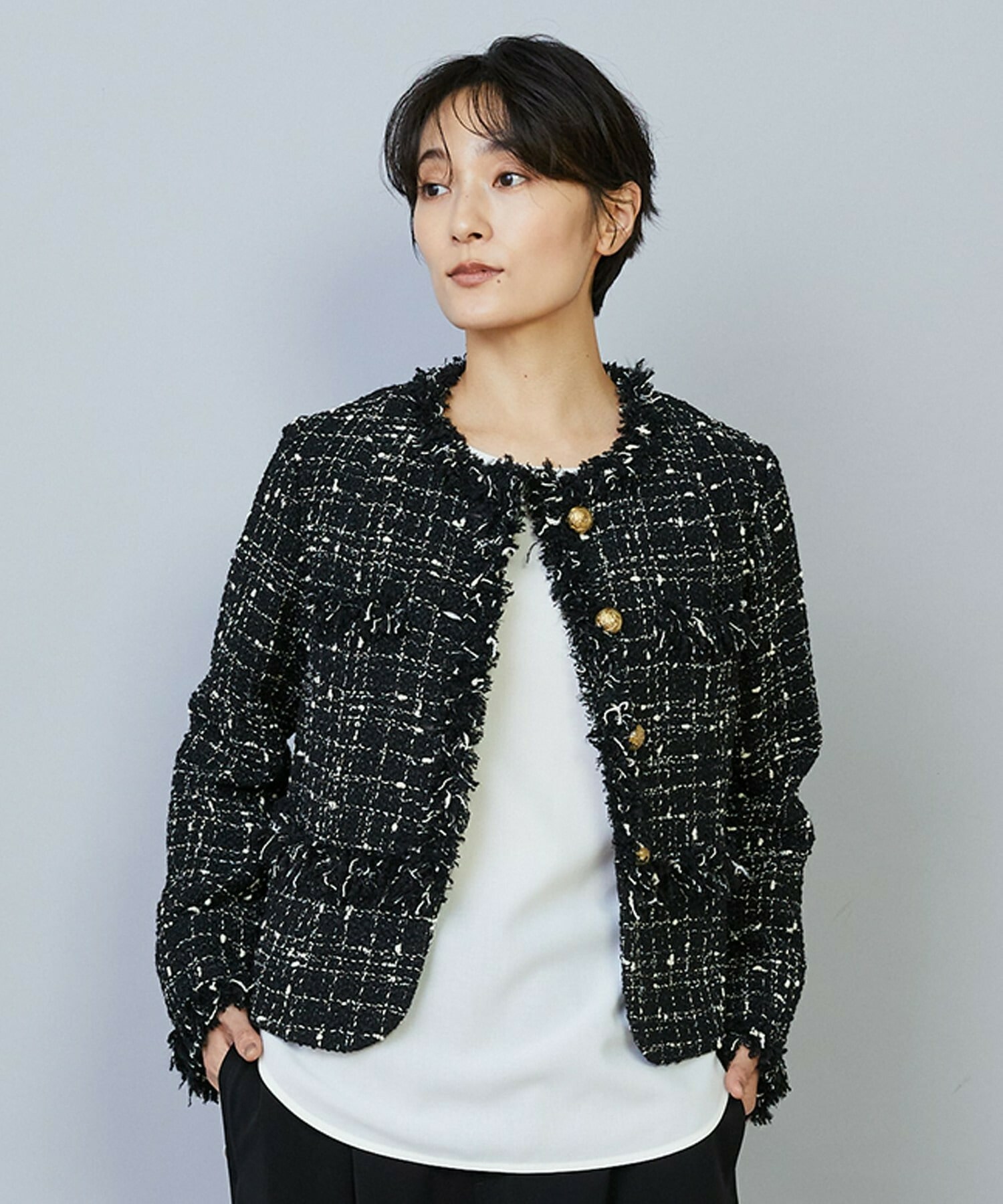 【MOGA】【Lサイズ】ファンシーヤーンツイードショートジャケット 詳細画像 ブラック 2