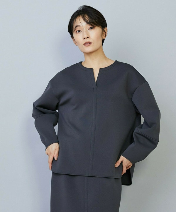 【Lサイズ】トリアセダブルニットキーネックジャージトップス 詳細画像 ダークグレー 2