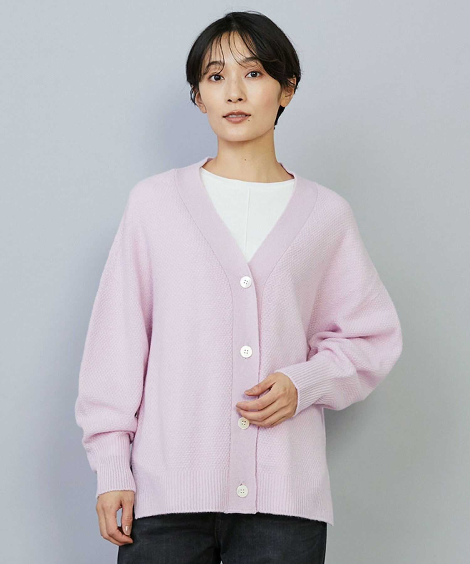【MOGA】【Lサイズ】クーマラム鹿の子編みVネックカーディガン 詳細画像 ピンク 2