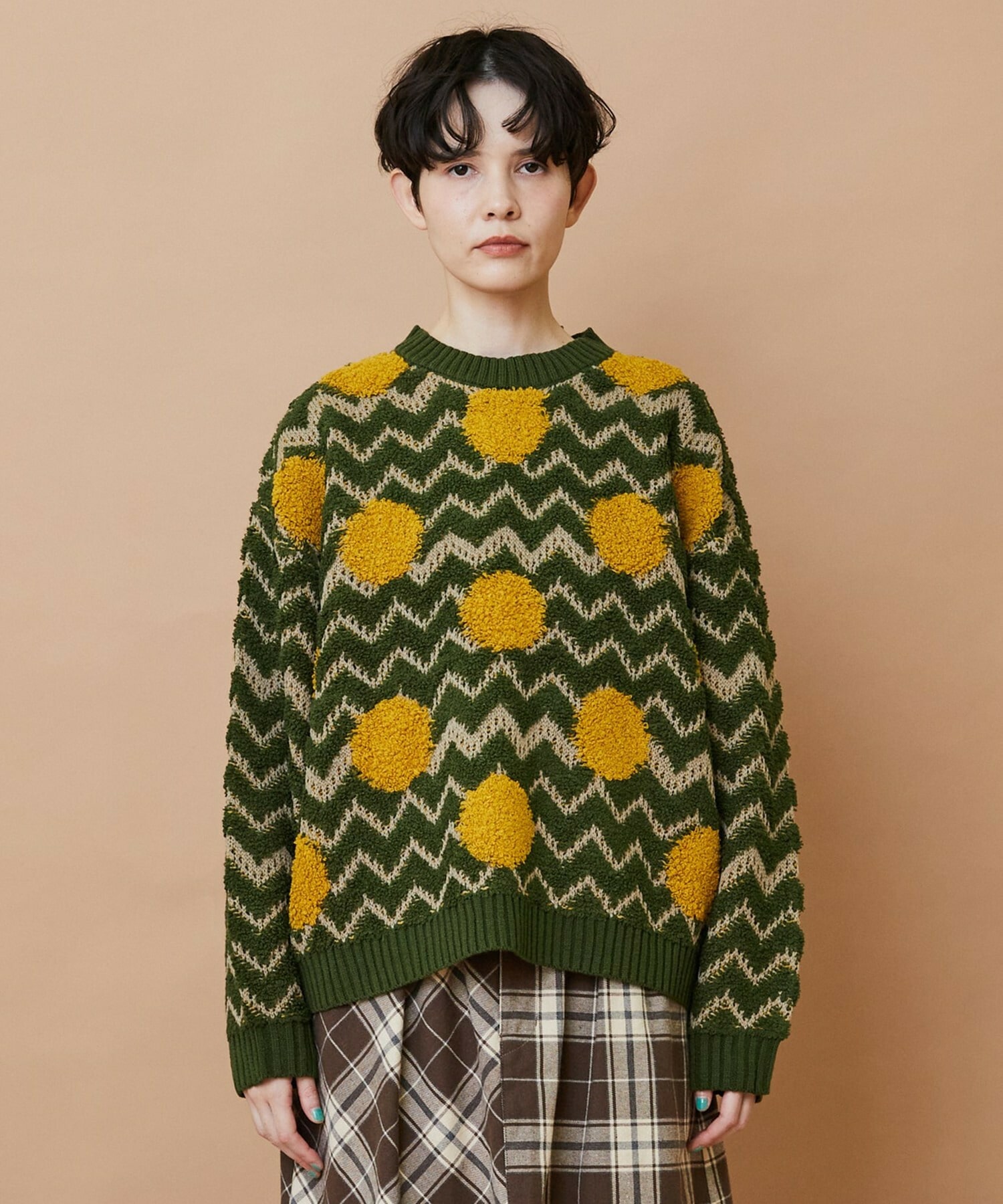 【FRAPBOIS】ウェーブドット ジャガードニット 詳細画像 カーキ 1