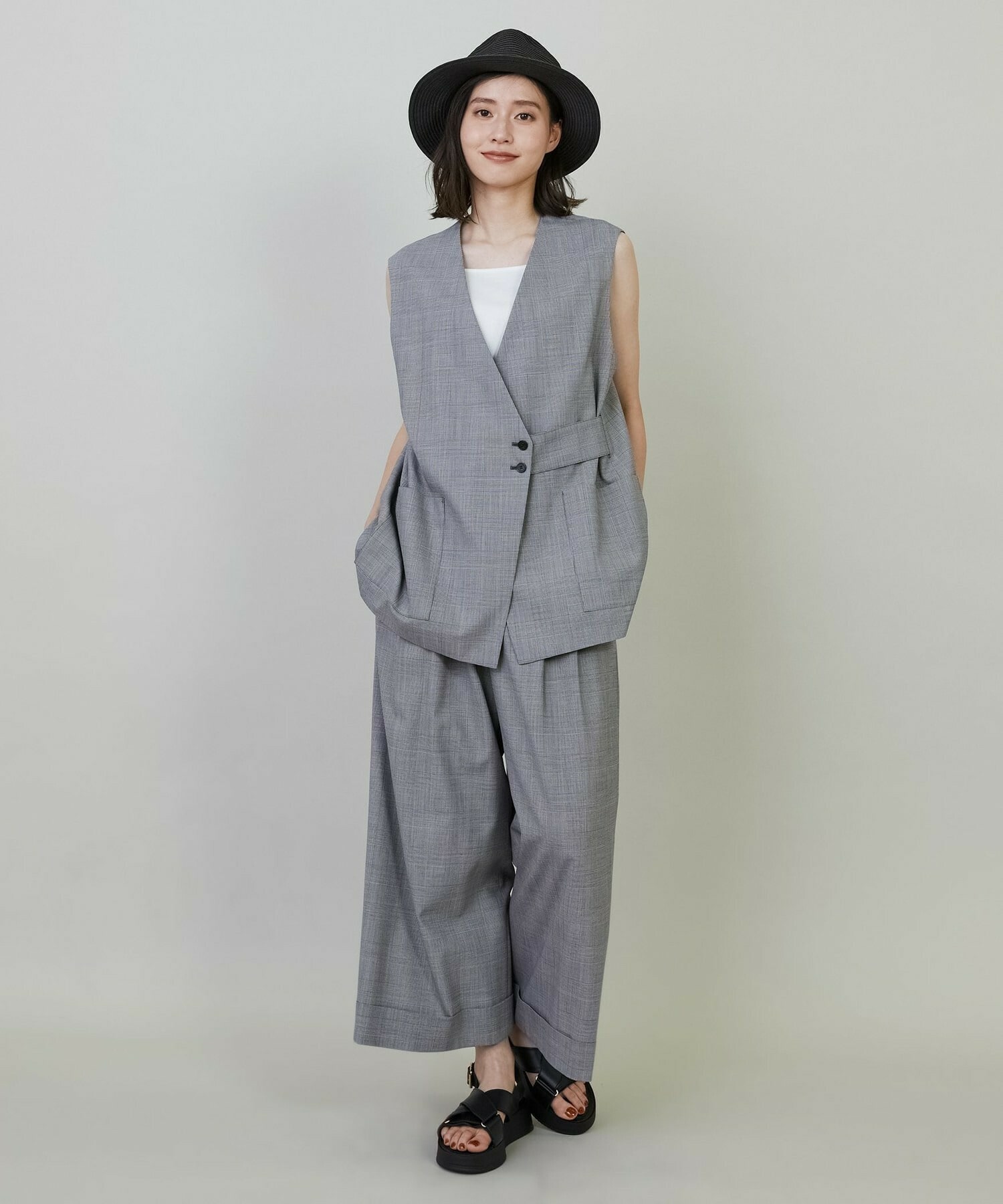 【L'EQUIPE】ストレッチグレンチェックロングジレ 詳細画像 ブラウン系その他 1