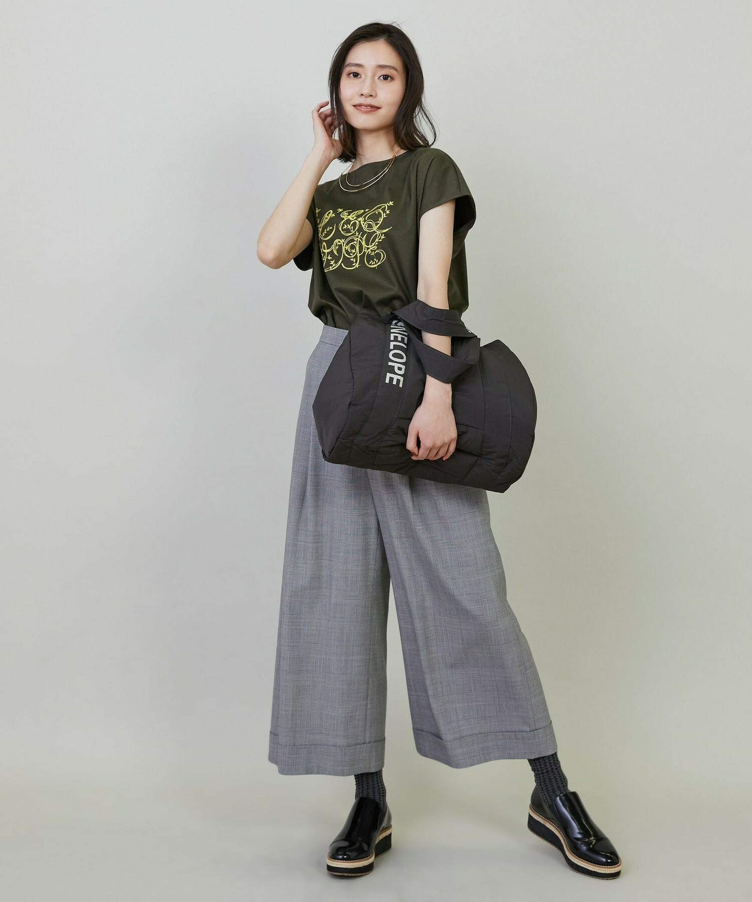 【L'EQUIPE】ストレッチグレンチェックワイドパンツ 詳細画像 ブラウン系その他 9