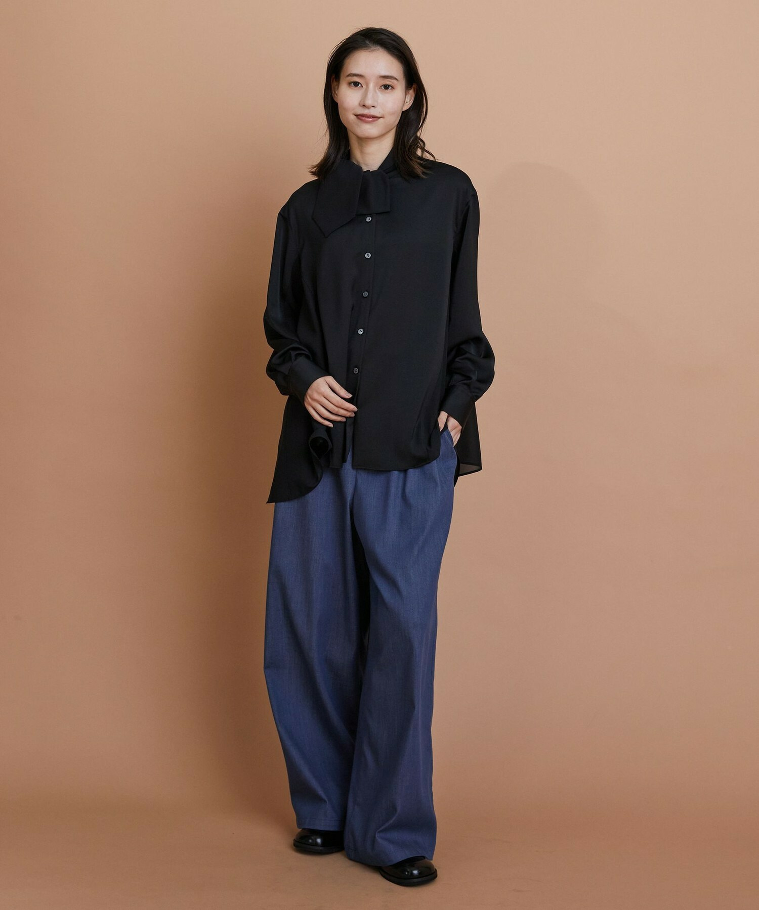 【L'EQUIPE】クレープサテン＆シフォンブラウス 詳細画像 ブラック 1