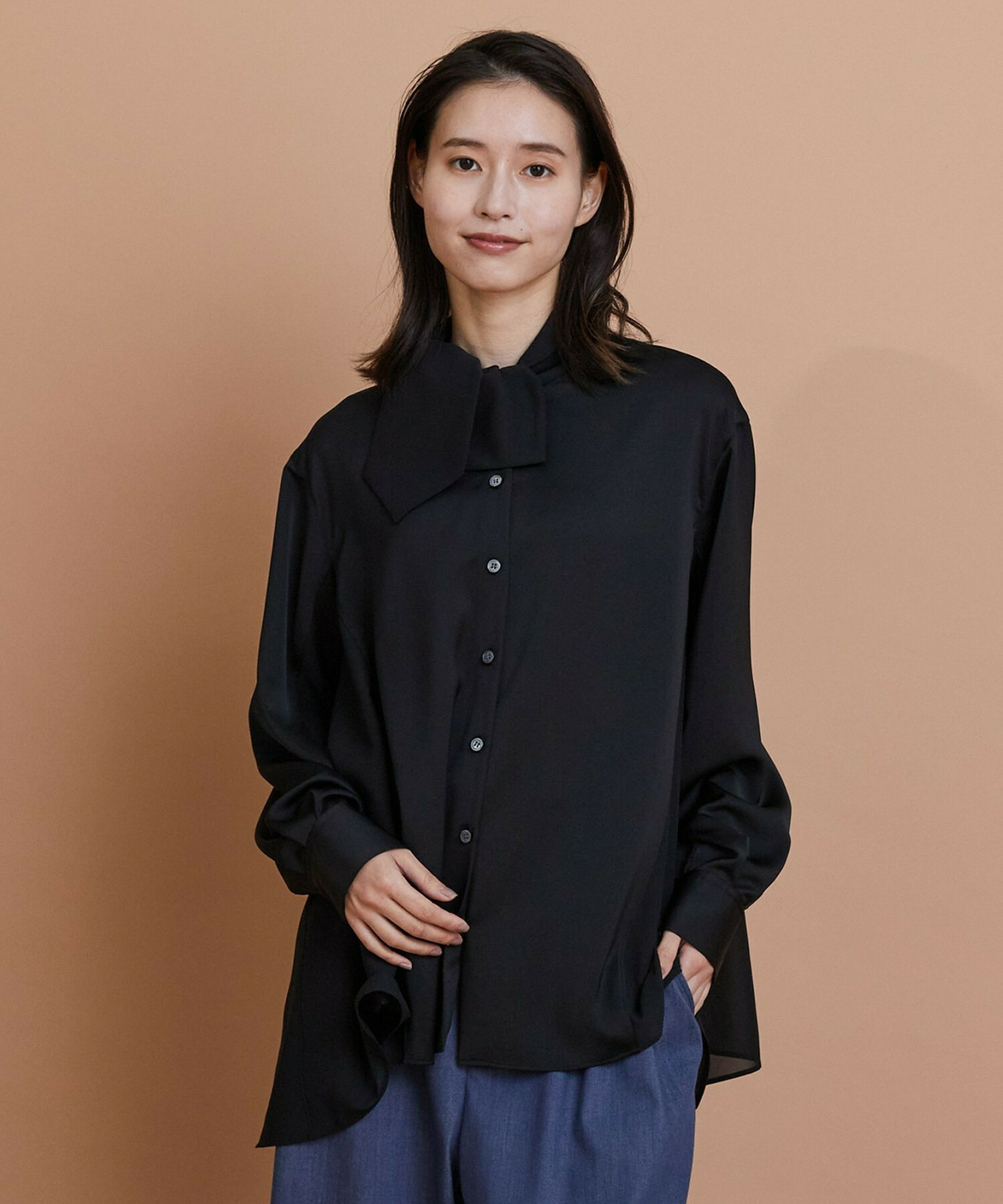 【L'EQUIPE】クレープサテン＆シフォンブラウス 詳細画像 ブラック 1