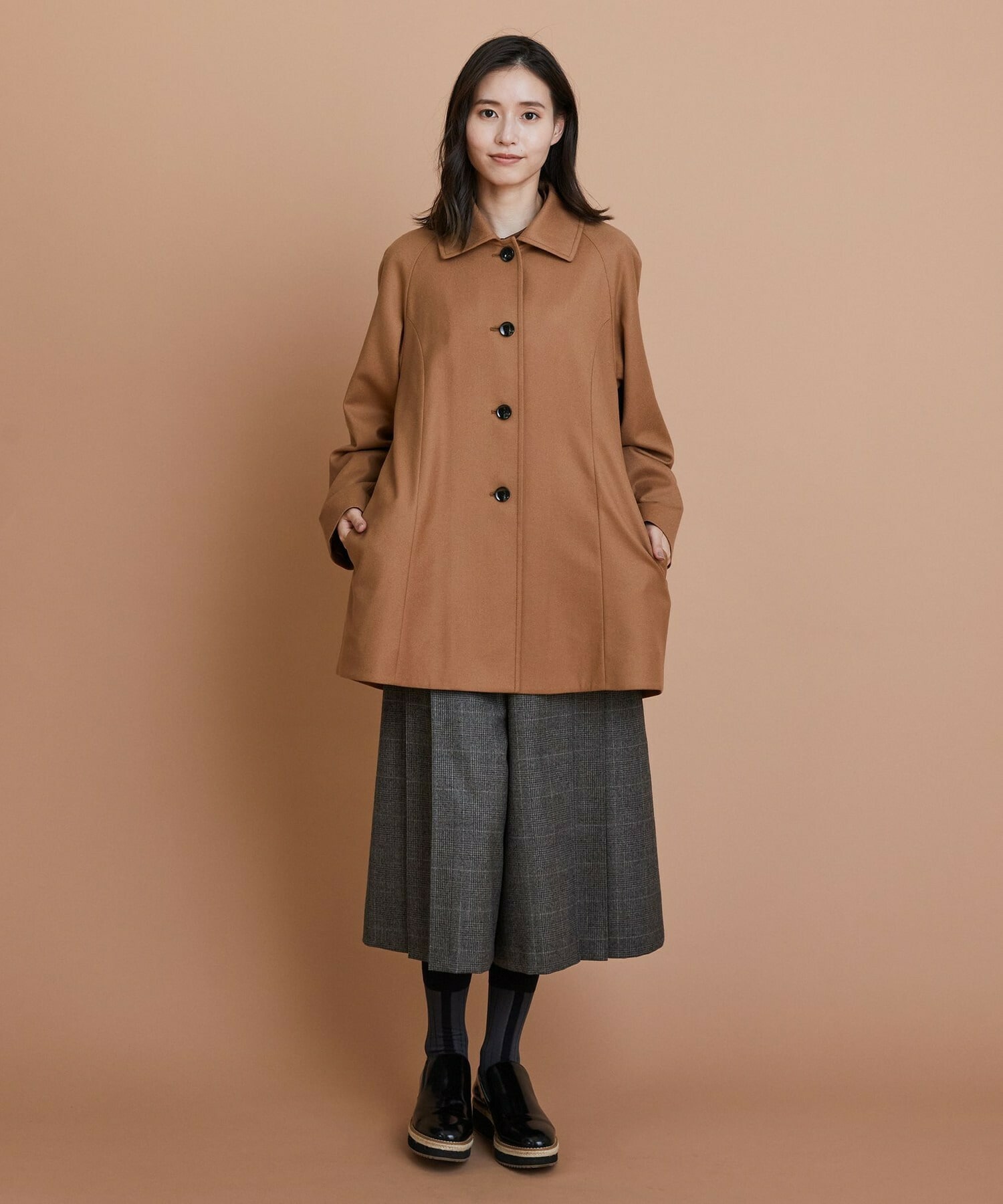 【L'EQUIPE】カシミヤ混ストレッチフラノステンカラーコート 詳細画像 ブラック 1