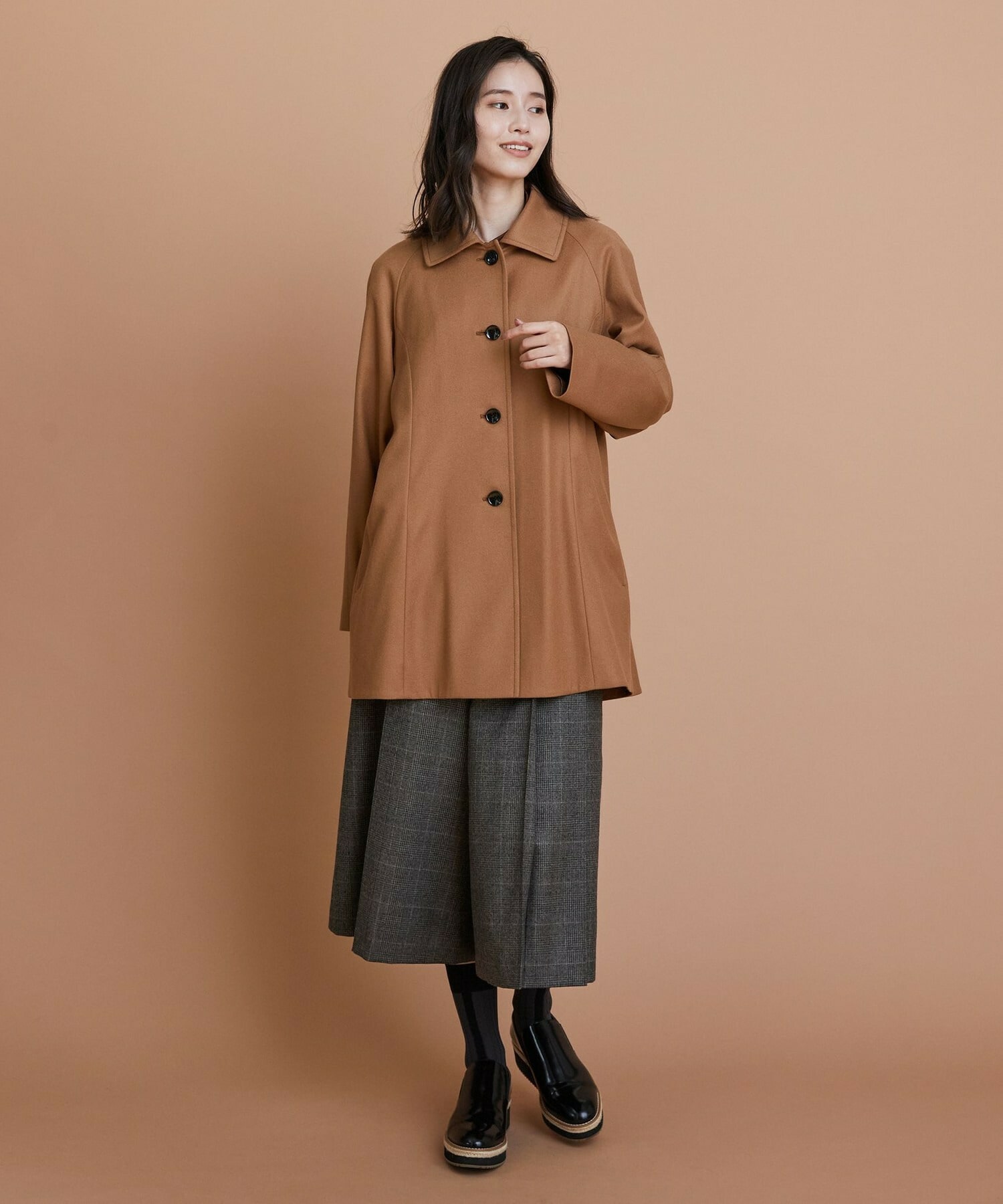 【L'EQUIPE】カシミヤ混ストレッチフラノステンカラーコート 詳細画像 ブラック 2