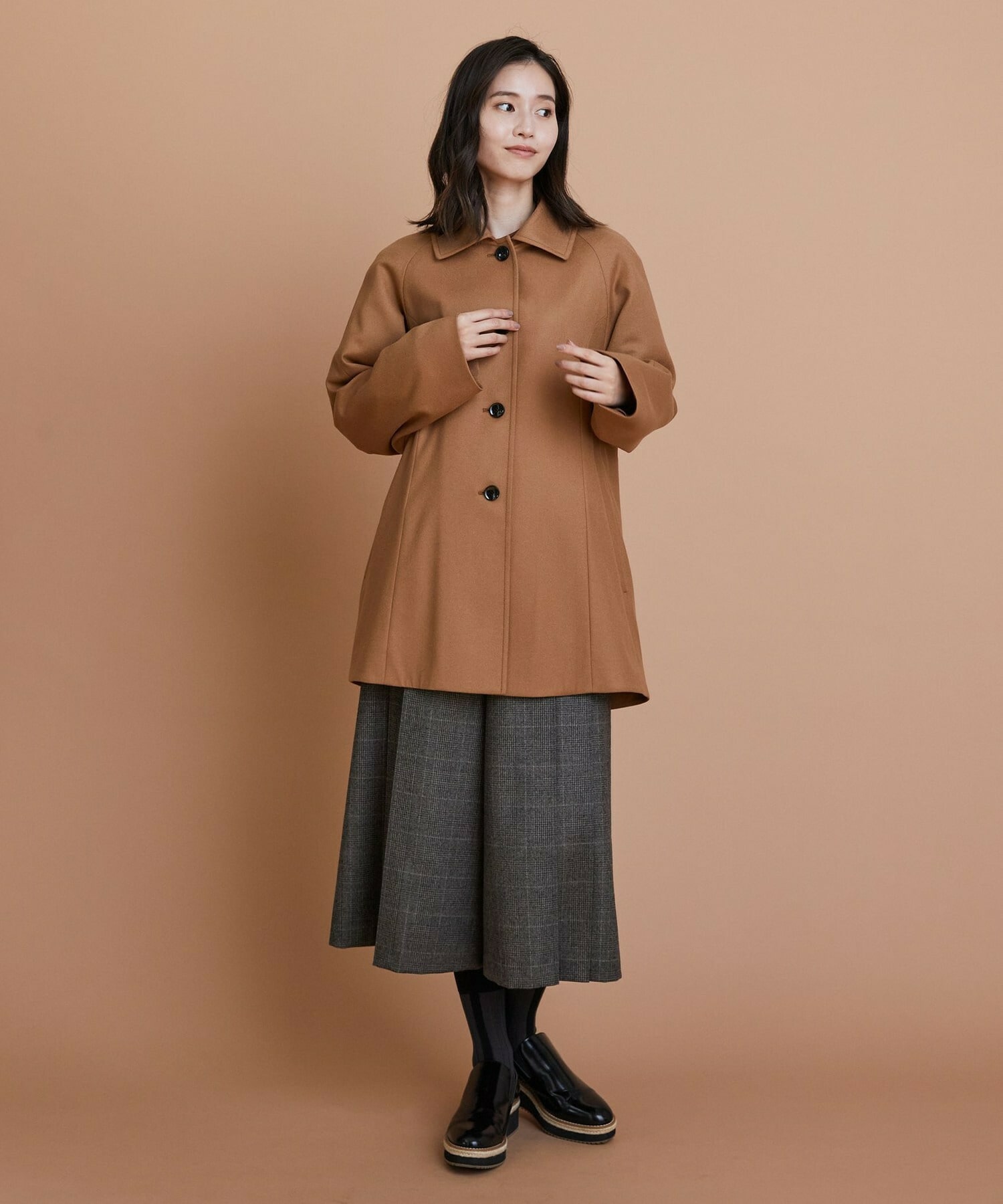 【L'EQUIPE】カシミヤ混ストレッチフラノステンカラーコート 詳細画像 ブラック 3