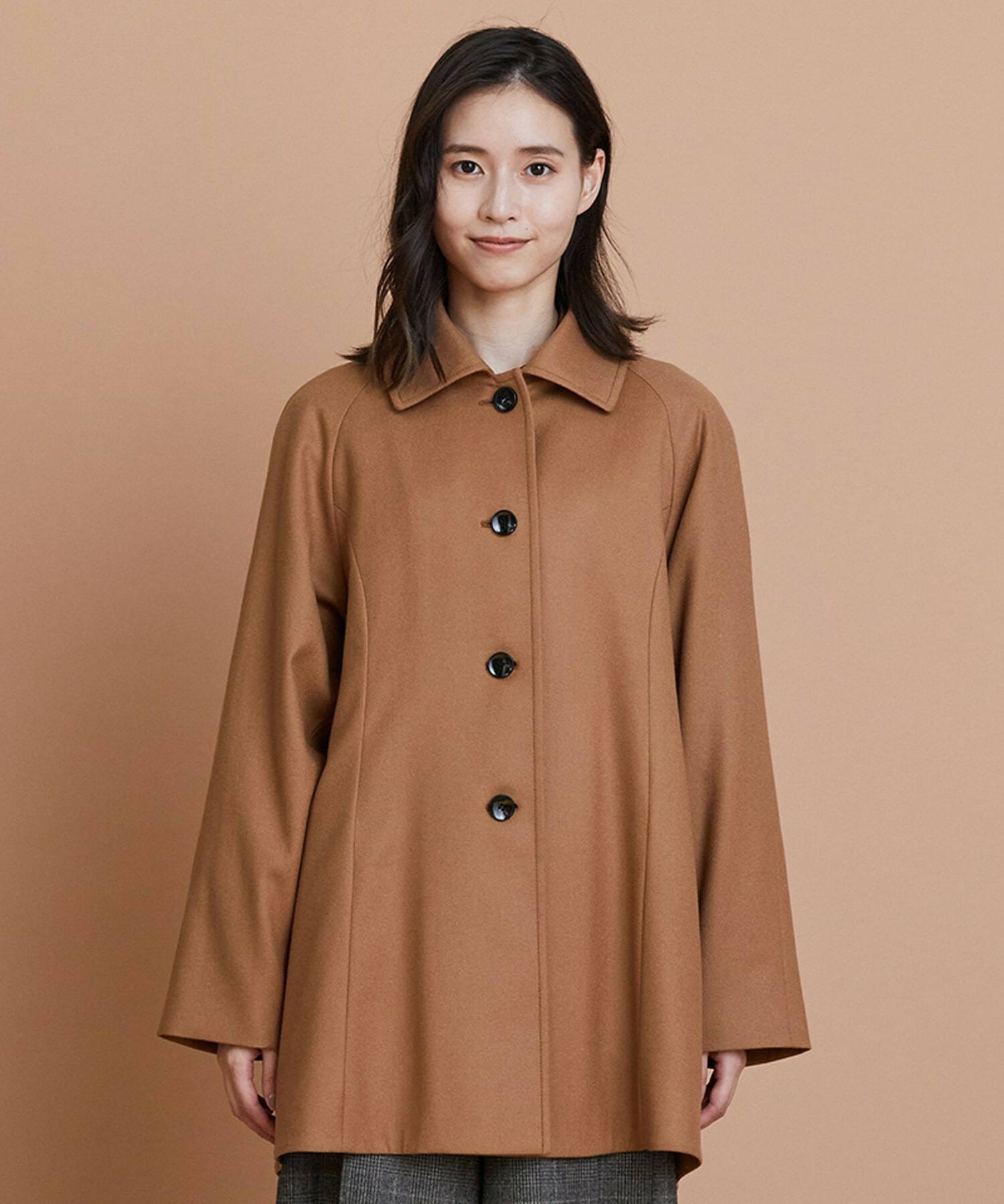 【L'EQUIPE】カシミヤ混ストレッチフラノステンカラーコート 詳細画像 ブラック 9