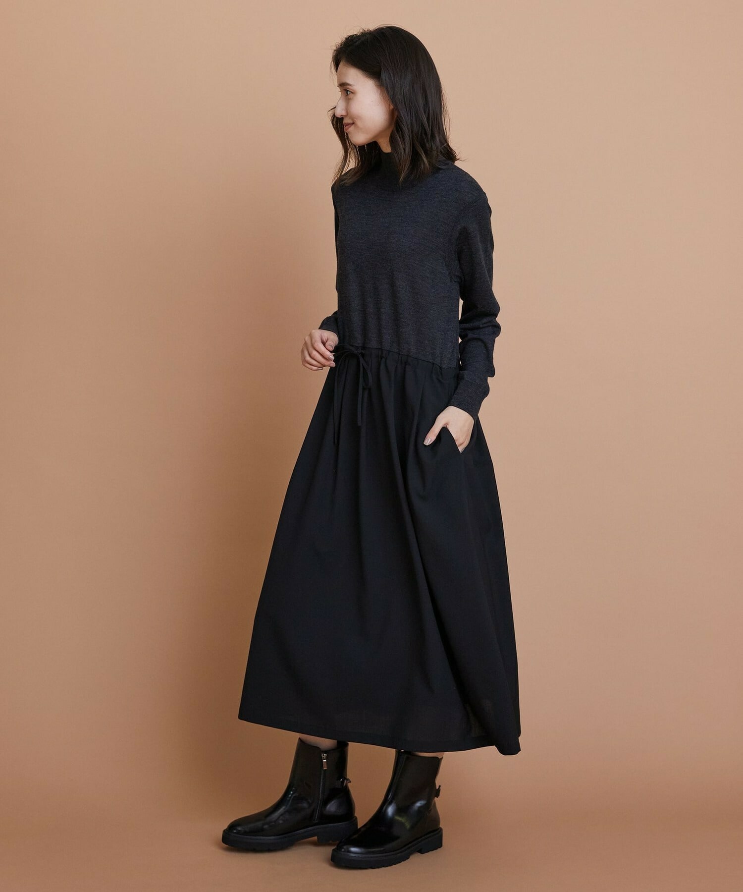 【L'EQUIPE】ウール梳毛＆ウール混トロピカルワンピース 詳細画像 グレー×ブラック 11