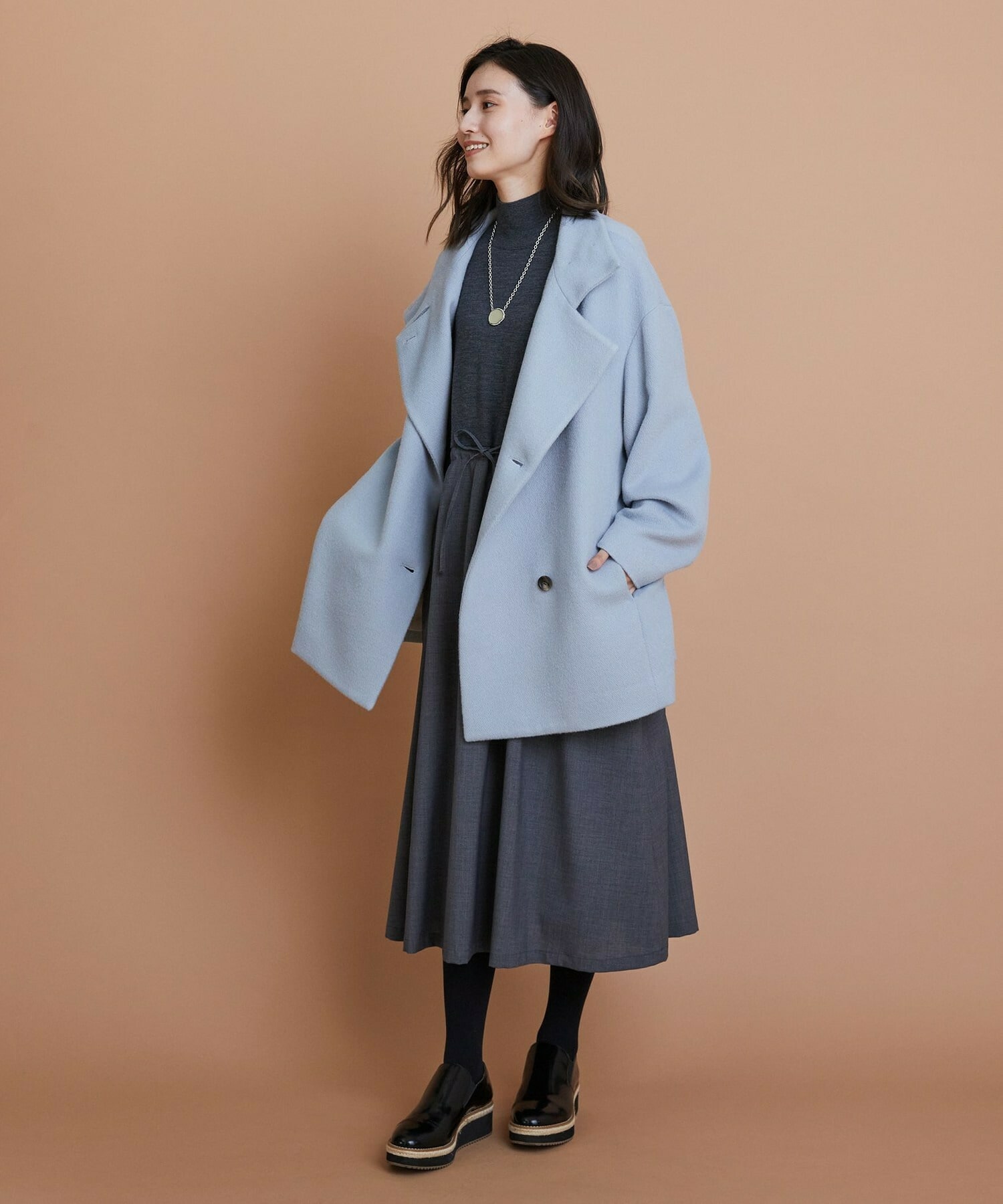 【L'EQUIPE】ウール梳毛＆ウール混トロピカルワンピース 詳細画像 グレー×ブラック 6