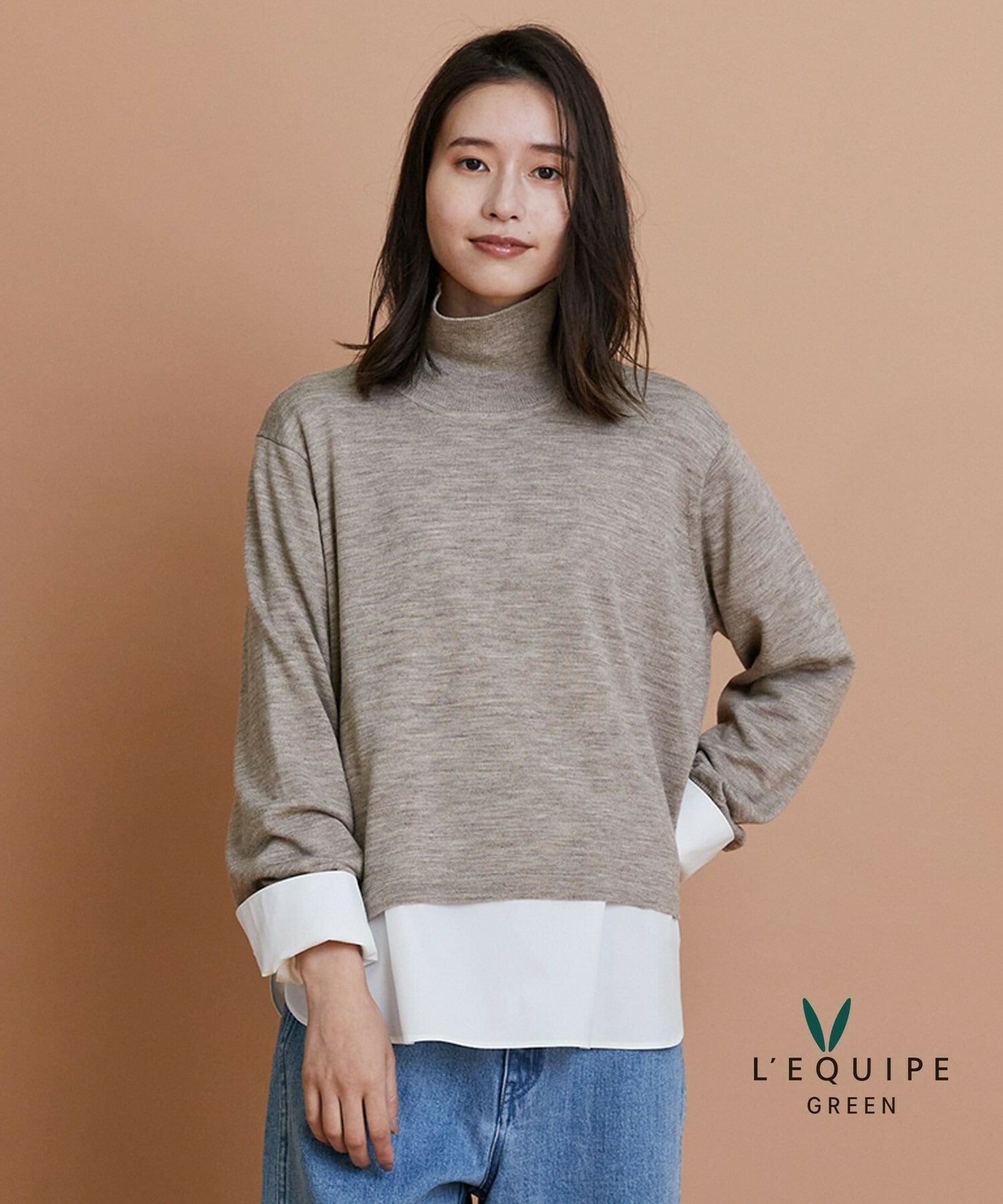 【GREEN】ウール梳毛ハイネックニット 詳細画像 ベージュ 1