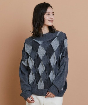 【L'EQUIPE】ウールダイヤ柄ニットプルオーバー 詳細画像 グレー系その他 1