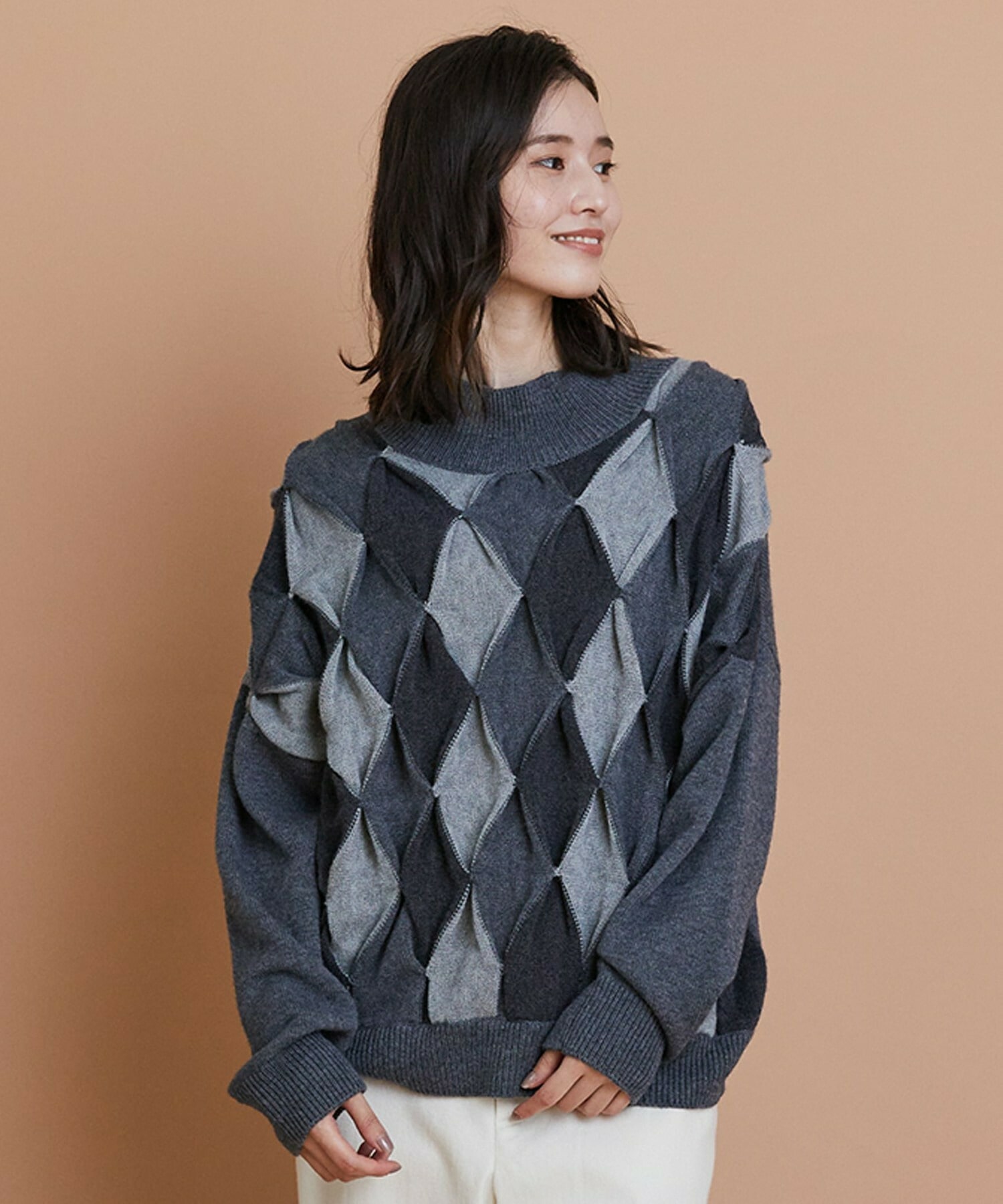 【L'EQUIPE】ウールダイヤ柄ニットプルオーバー 詳細画像 グレー系その他 1