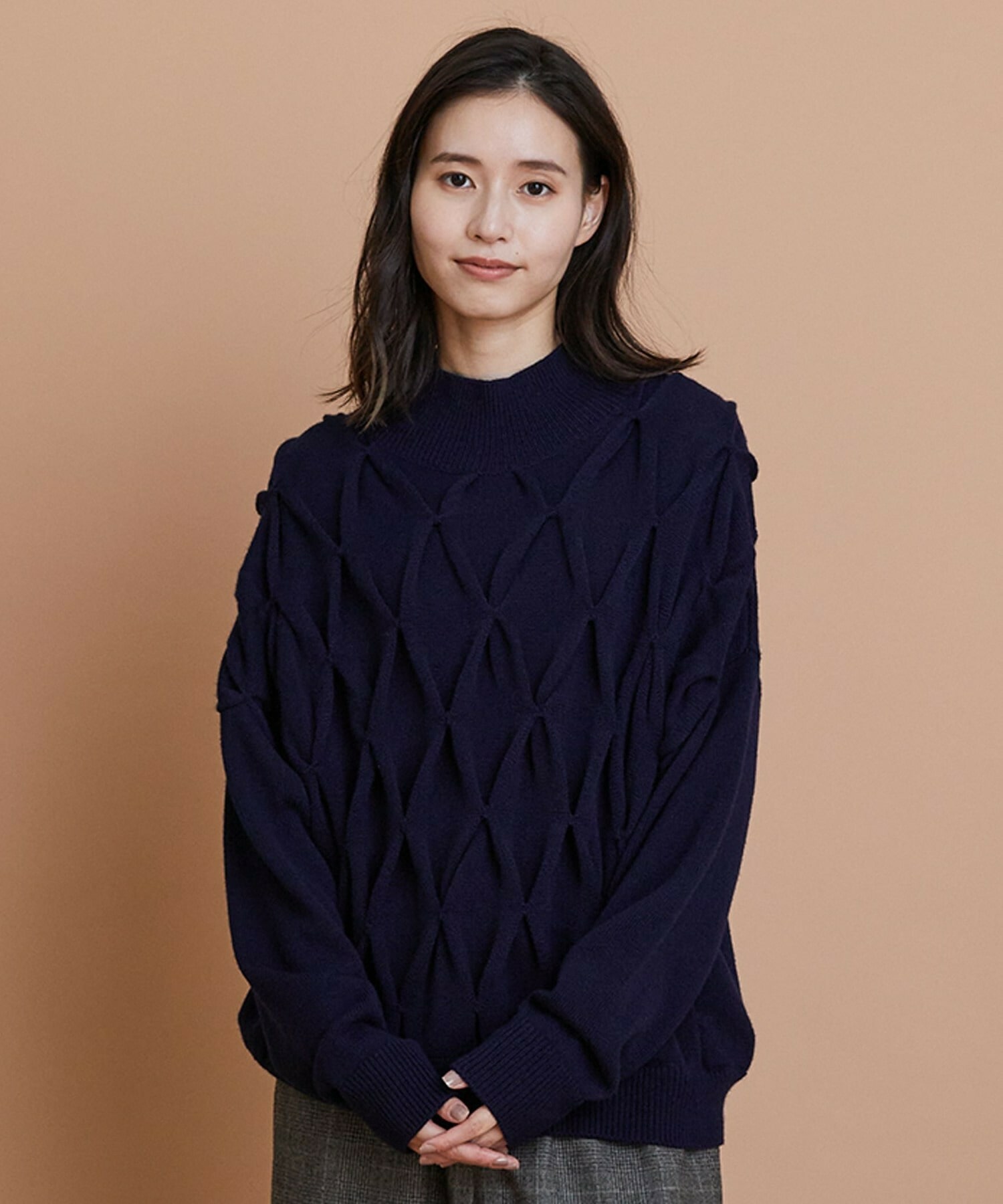 【L'EQUIPE】ウールダイヤ柄ニットプルオーバー 詳細画像 ネイビー 1