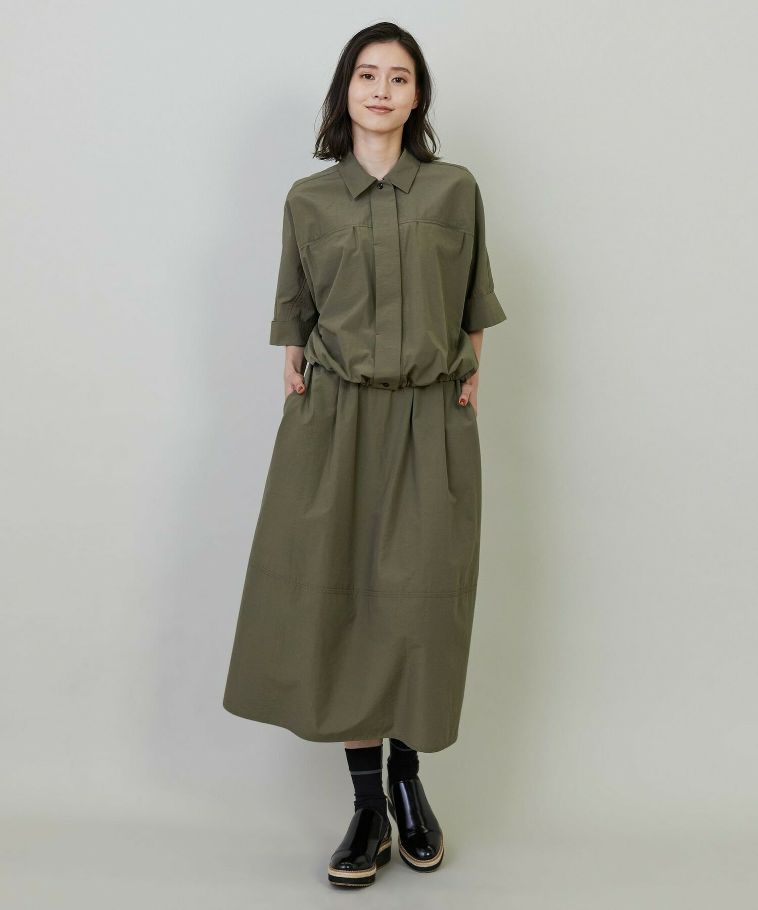 【L'EQUIPE】【Lサイズ】ナイロンコットンタンブラーシャツ 詳細画像 カーキ 1