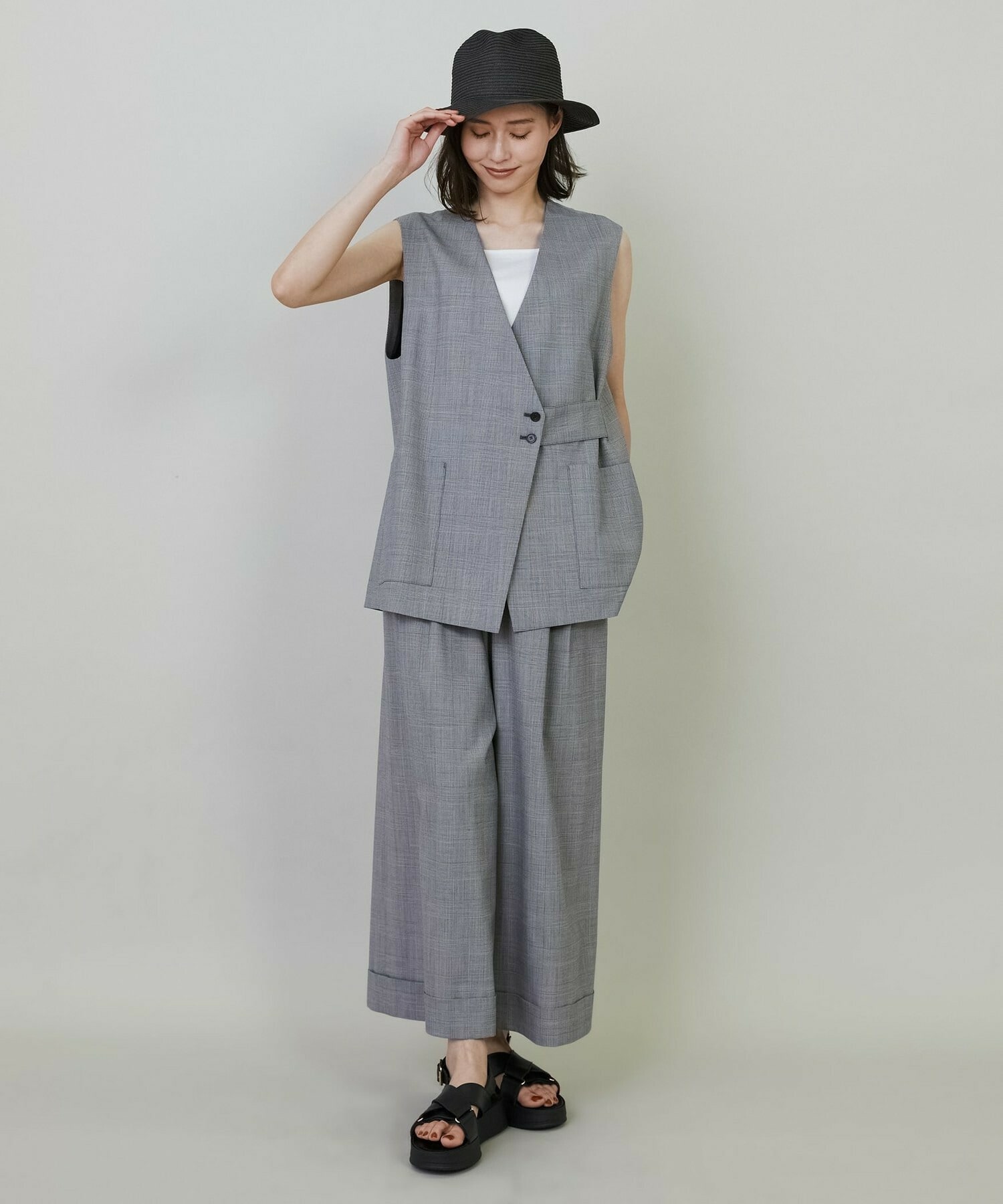 【L'EQUIPE】【Lサイズ】ストレッチグレンチェックワイドパンツ 詳細画像 ブラック系その他 2