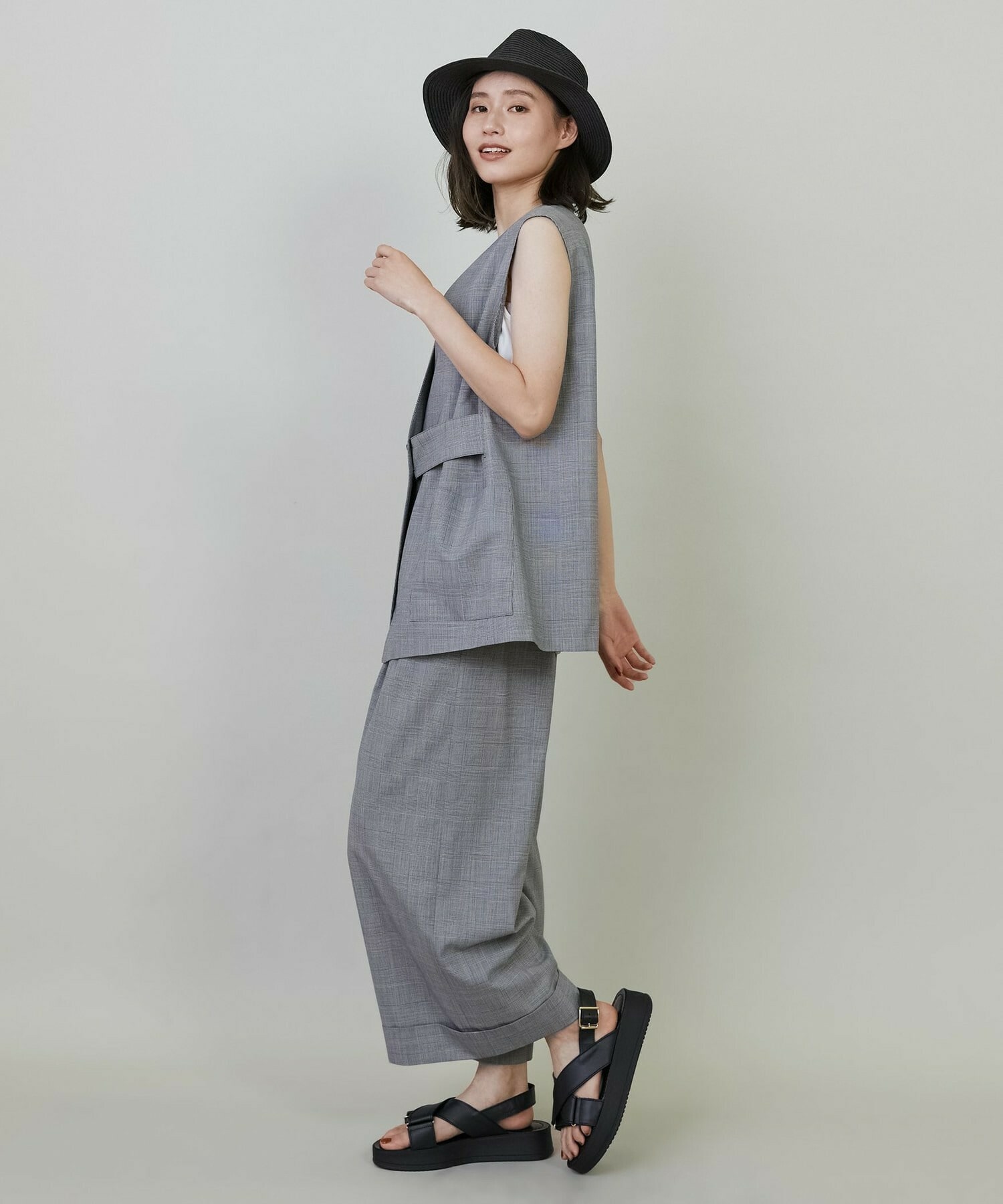 【L'EQUIPE】【Lサイズ】ストレッチグレンチェックワイドパンツ 詳細画像 ブラック系その他 3