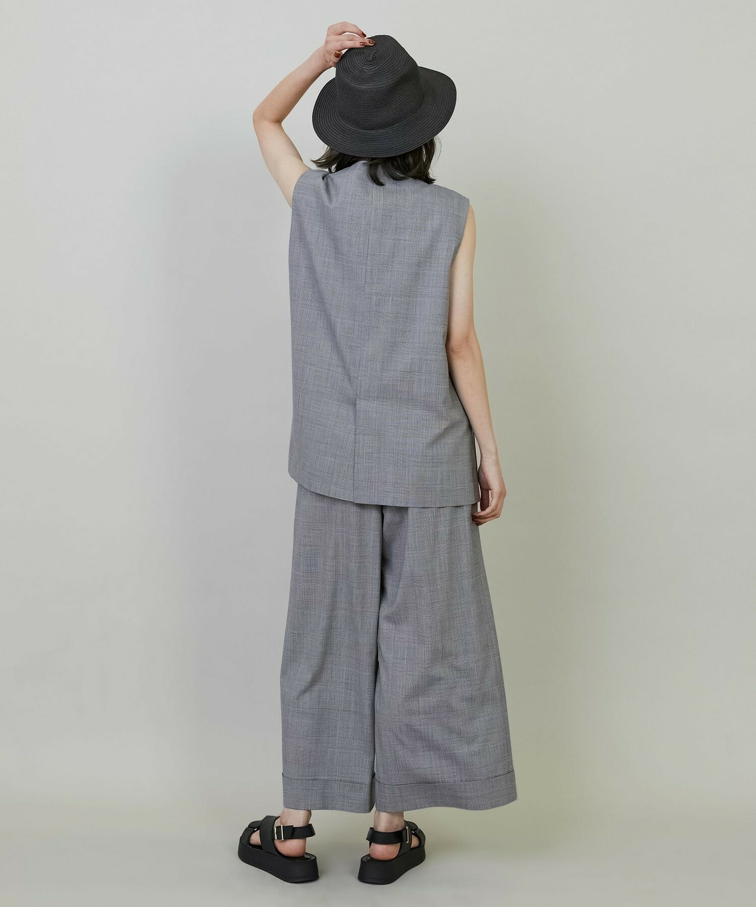 【L'EQUIPE】【Lサイズ】ストレッチグレンチェックワイドパンツ 詳細画像 ブラック系その他 4