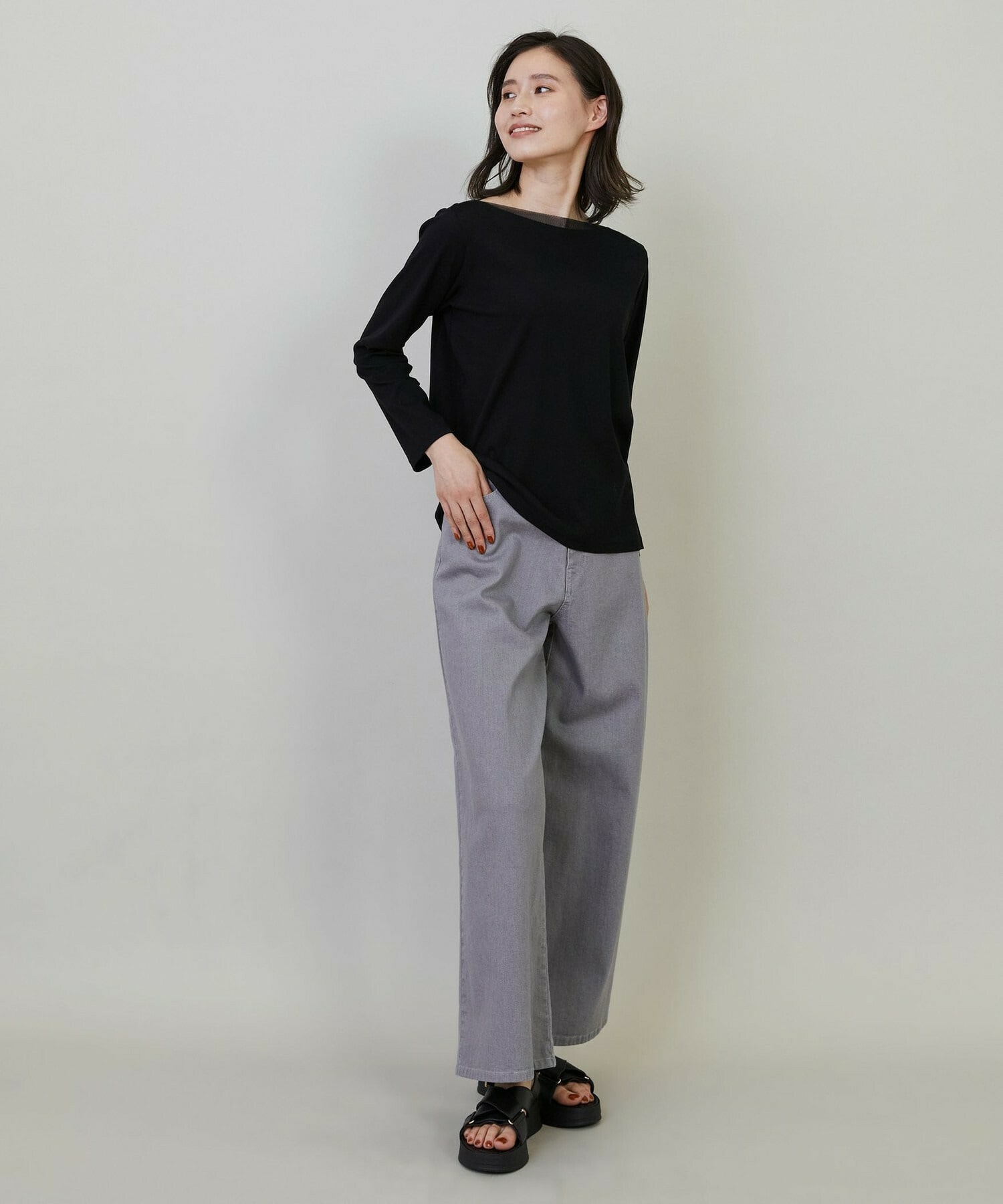 【L'EQUIPE】【Lサイズ】強撚フライス&チュールカットソー 詳細画像 ブラック 1