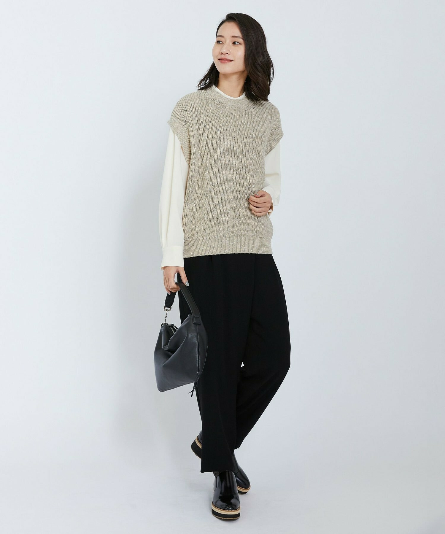 【L'EQUIPE】バックサテンラップテーパードパンツ 詳細画像 ブラック 5