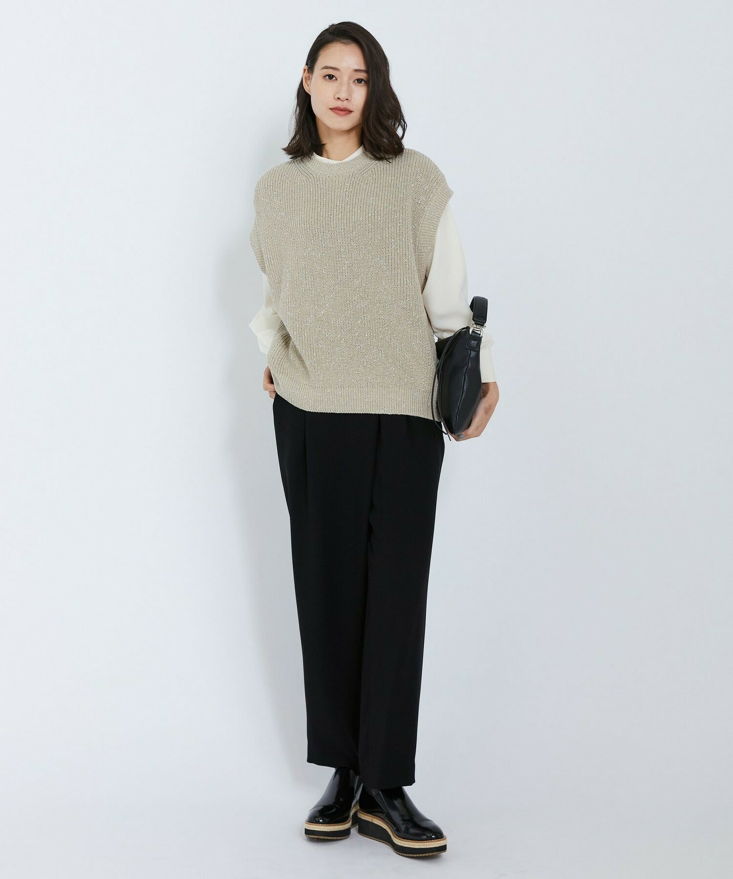 【L'EQUIPE】バックサテンラップテーパードパンツ 詳細画像 ブラック 6