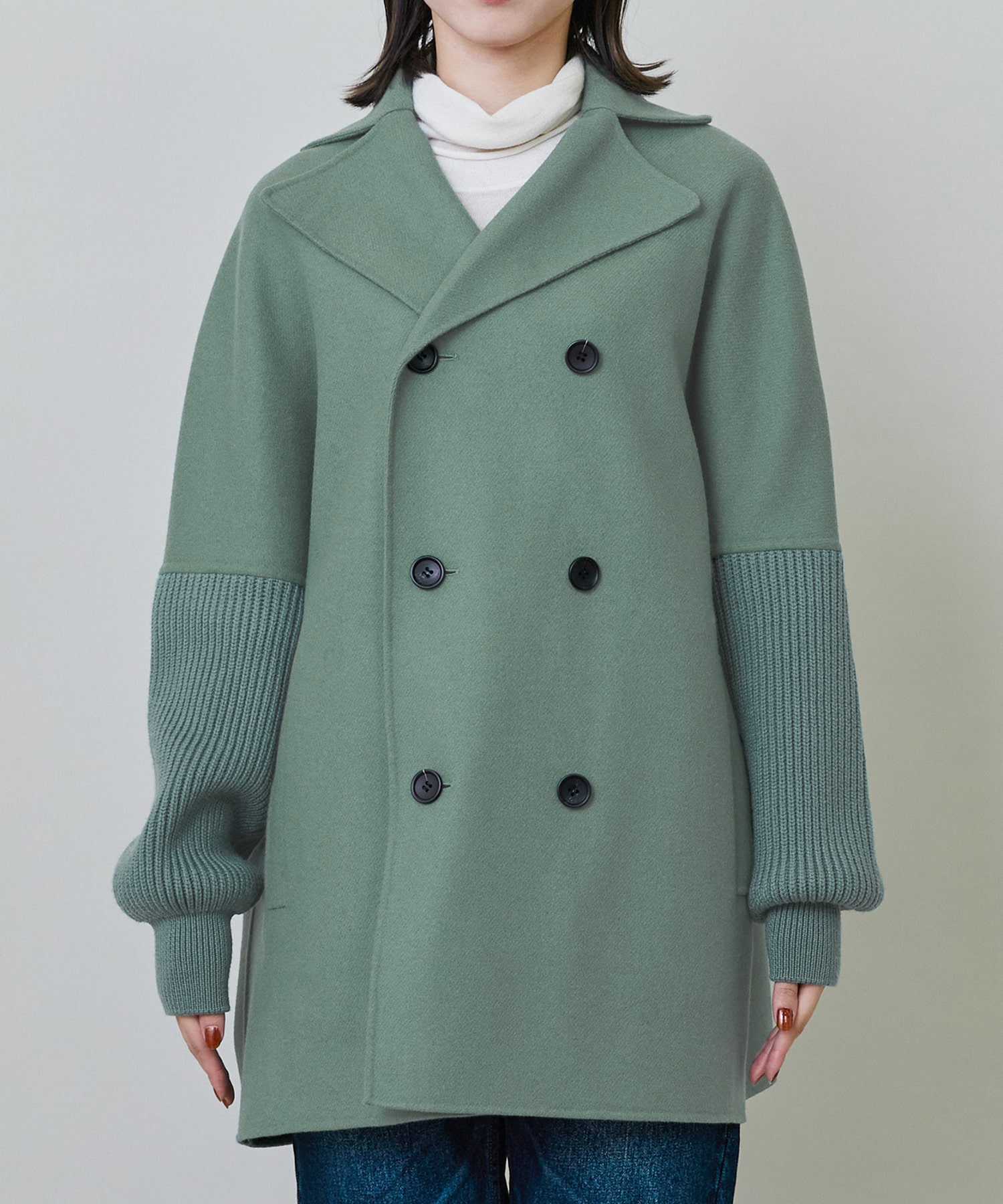 【endalence】Sメルトンダブルブレスト袖リブハーフコート 詳細画像 ブラック 4