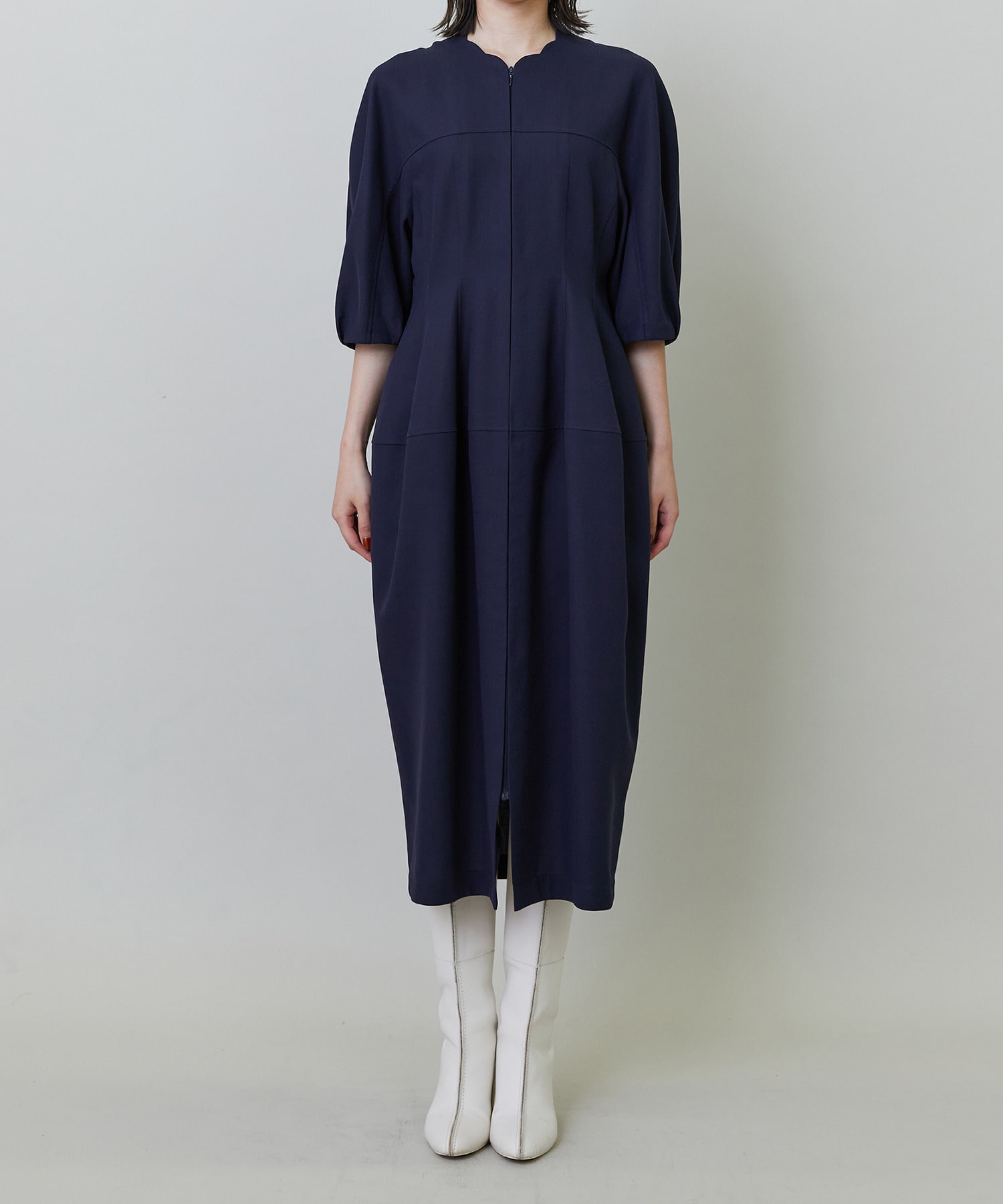 【endalence】強撚ダブルクロススカラップネックラインドレス 詳細画像 ネイビー 5