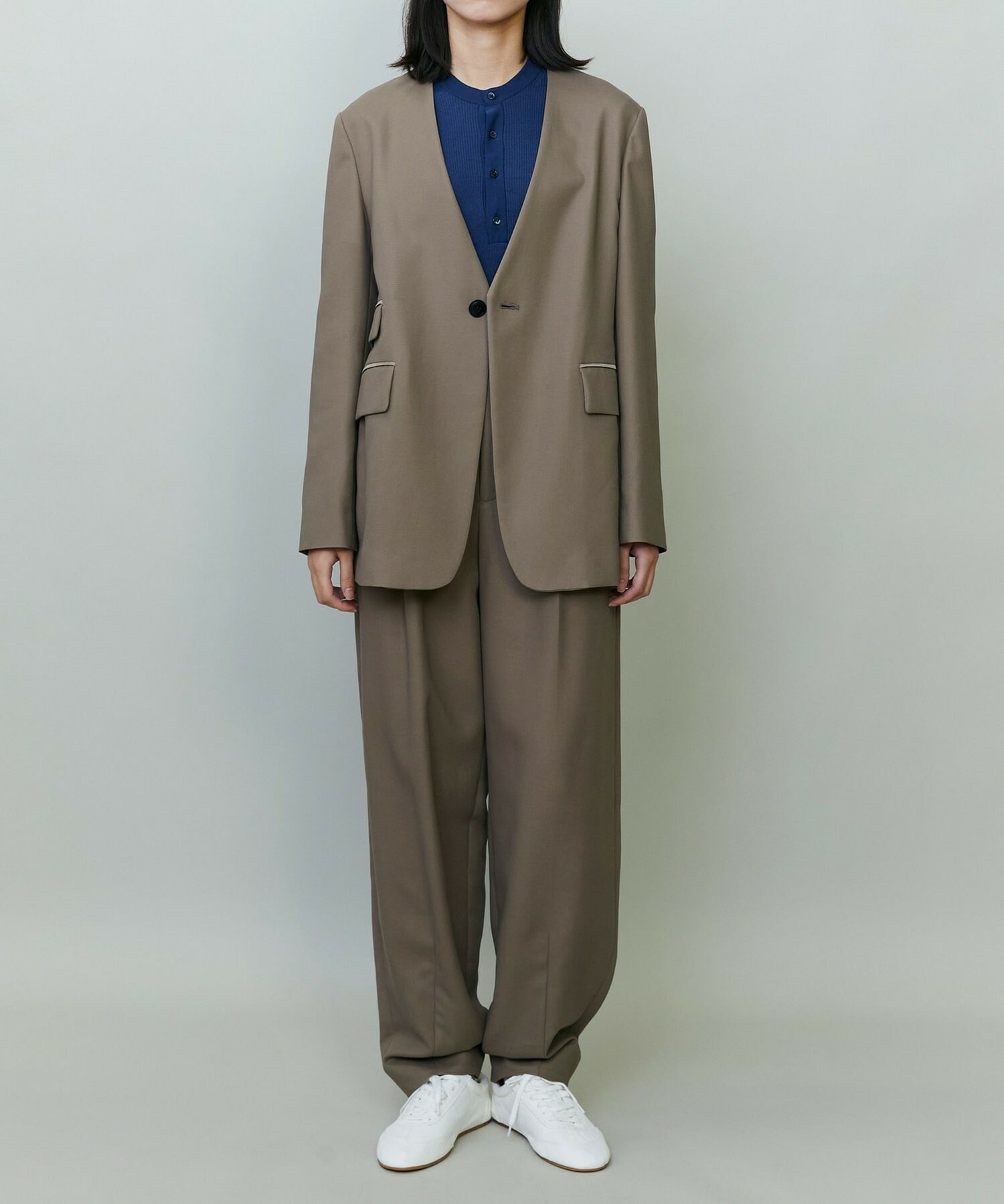 【endalence】コットン二重織りノーカラージャケット 詳細画像 ネイビー 1