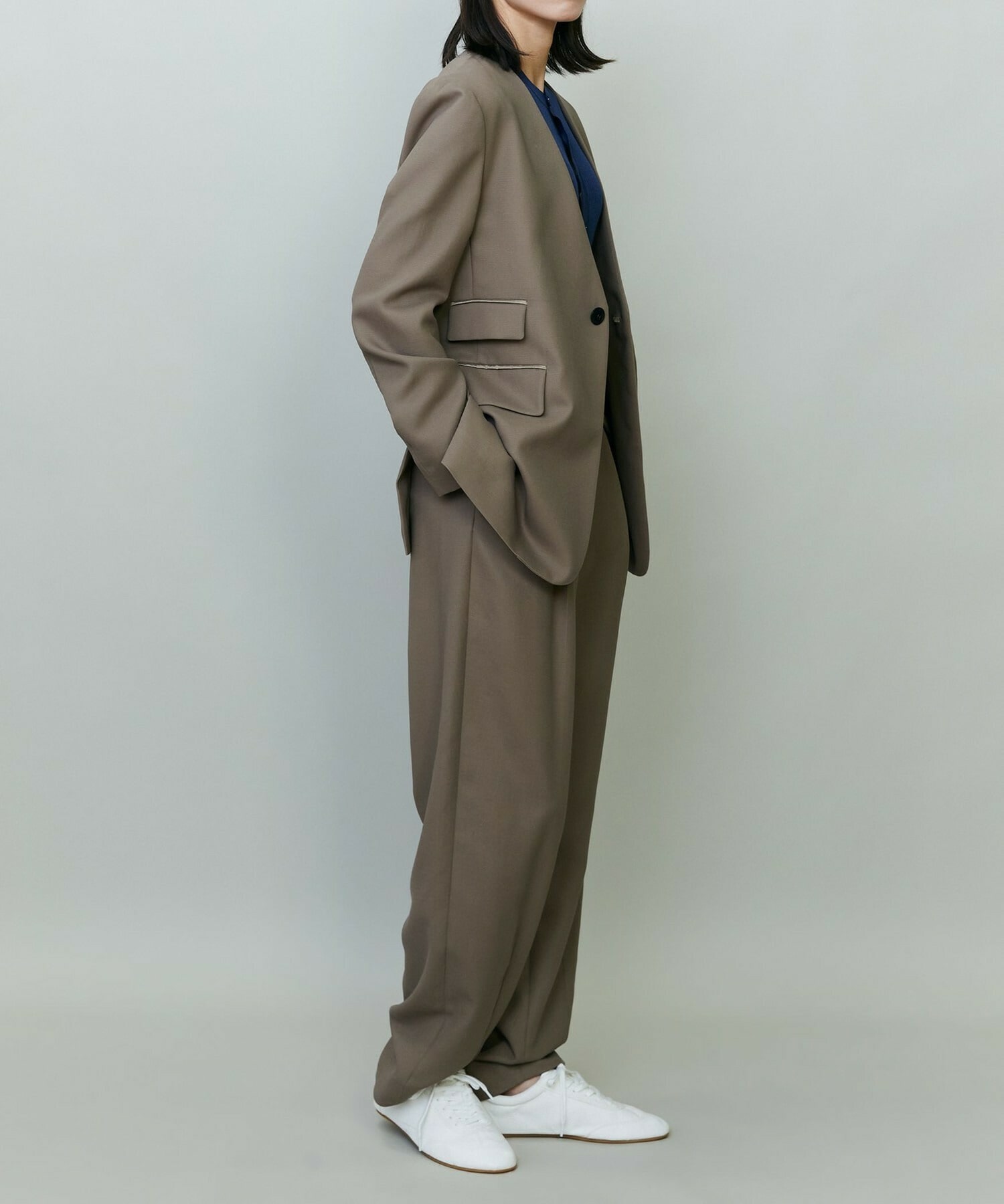 【endalence】コットン二重織りノーカラージャケット 詳細画像 ネイビー 2