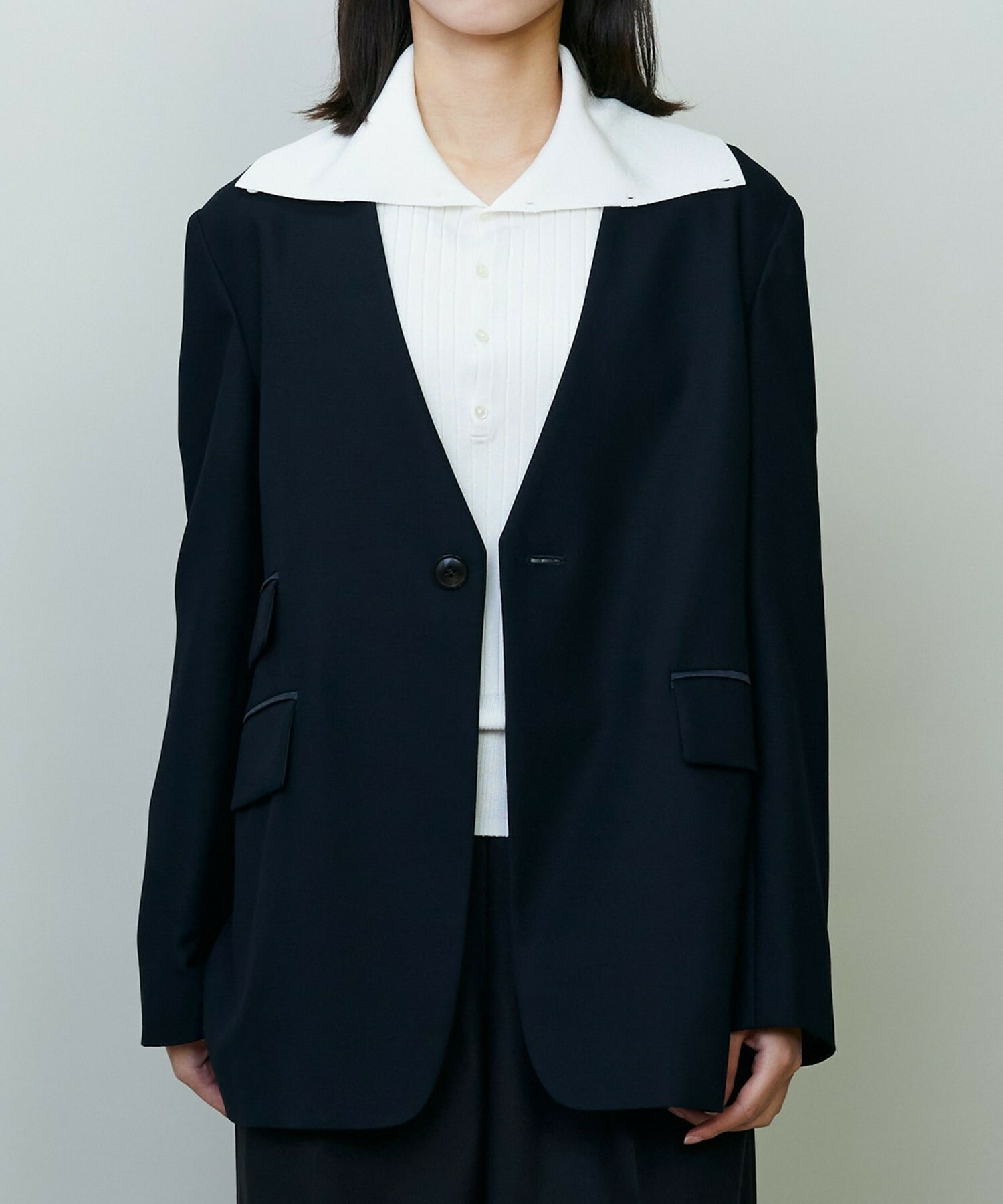 【endalence】コットン二重織りノーカラージャケット 詳細画像 ネイビー 1