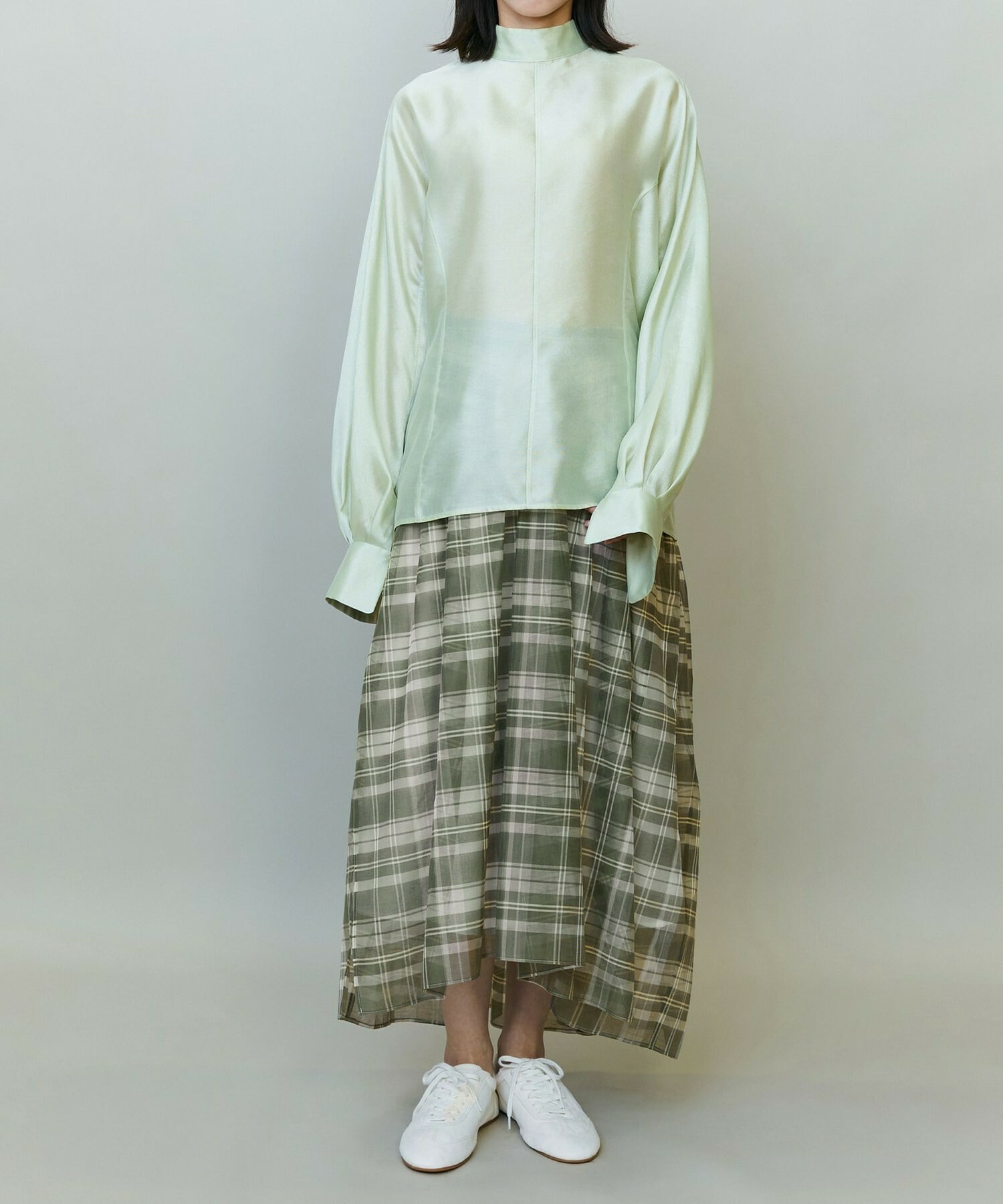 【endalence】チェックオーガンジーギャザースカート 詳細画像 グリーン系その他 1