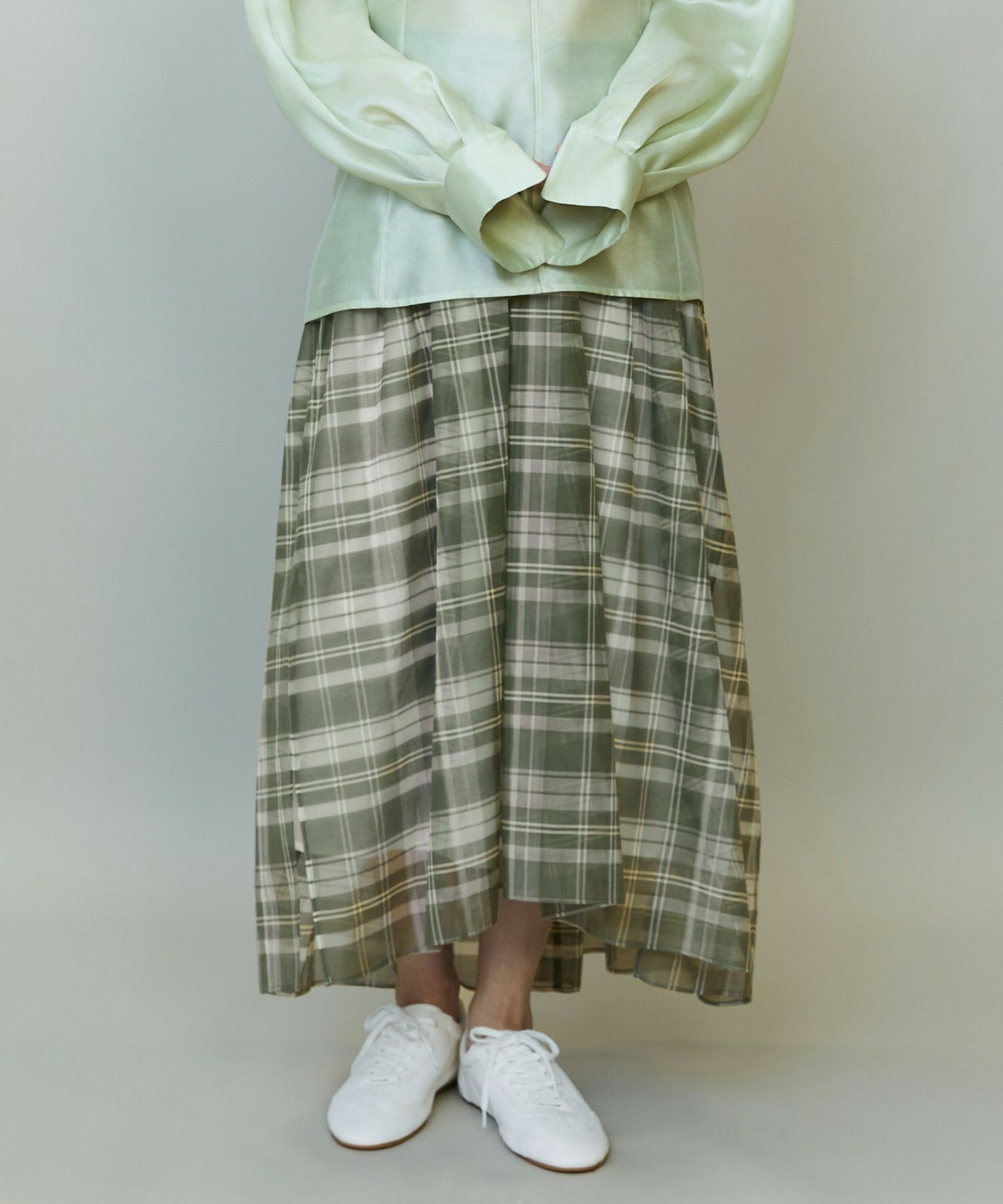 【endalence】チェックオーガンジーギャザースカート 詳細画像 グリーン系その他 2