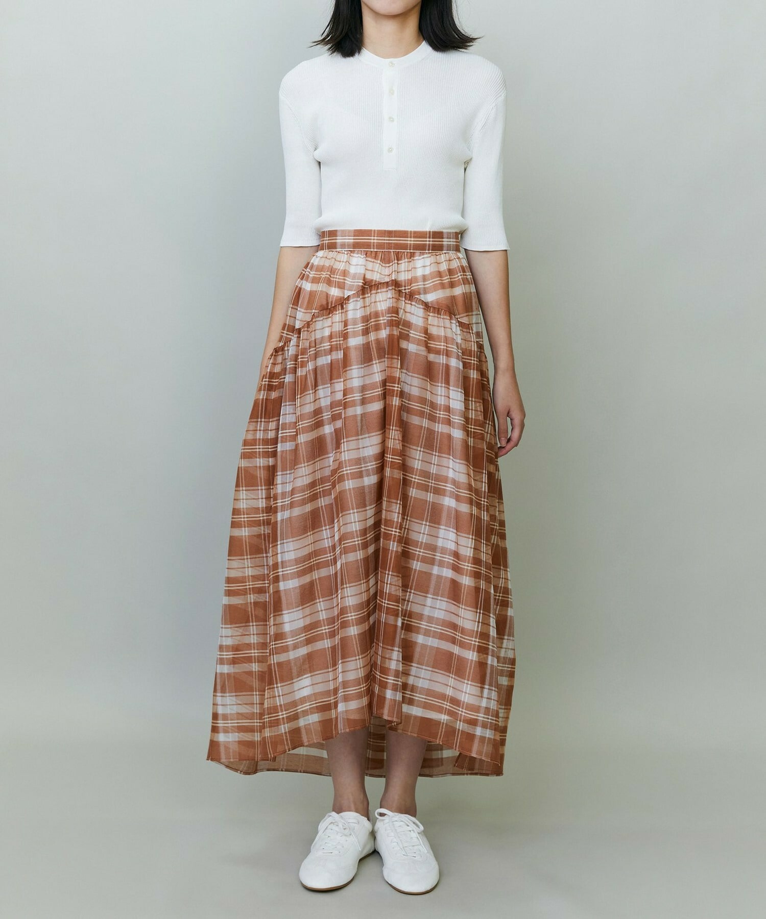 【endalence】チェックオーガンジーギャザースカート 詳細画像 グリーン系その他 4