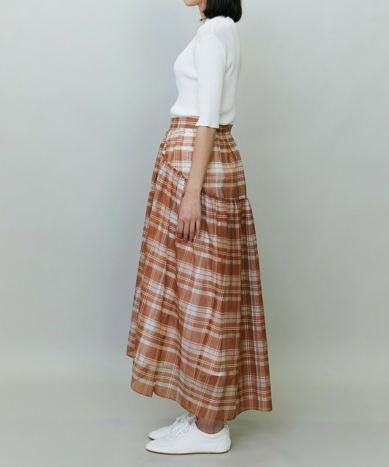 【endalence】チェックオーガンジーギャザースカート 詳細画像 グリーン系その他 5