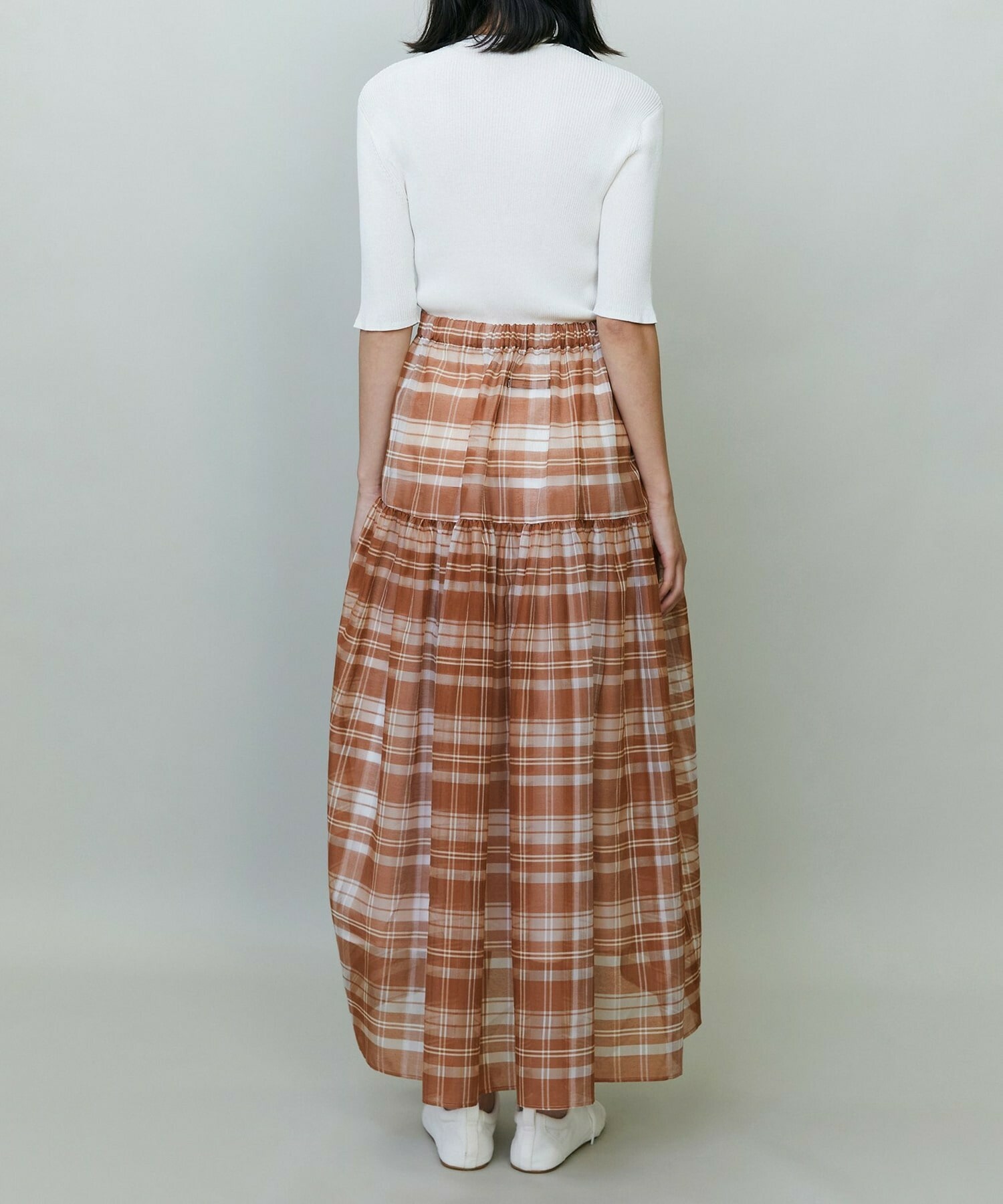 【endalence】チェックオーガンジーギャザースカート 詳細画像 グリーン系その他 6