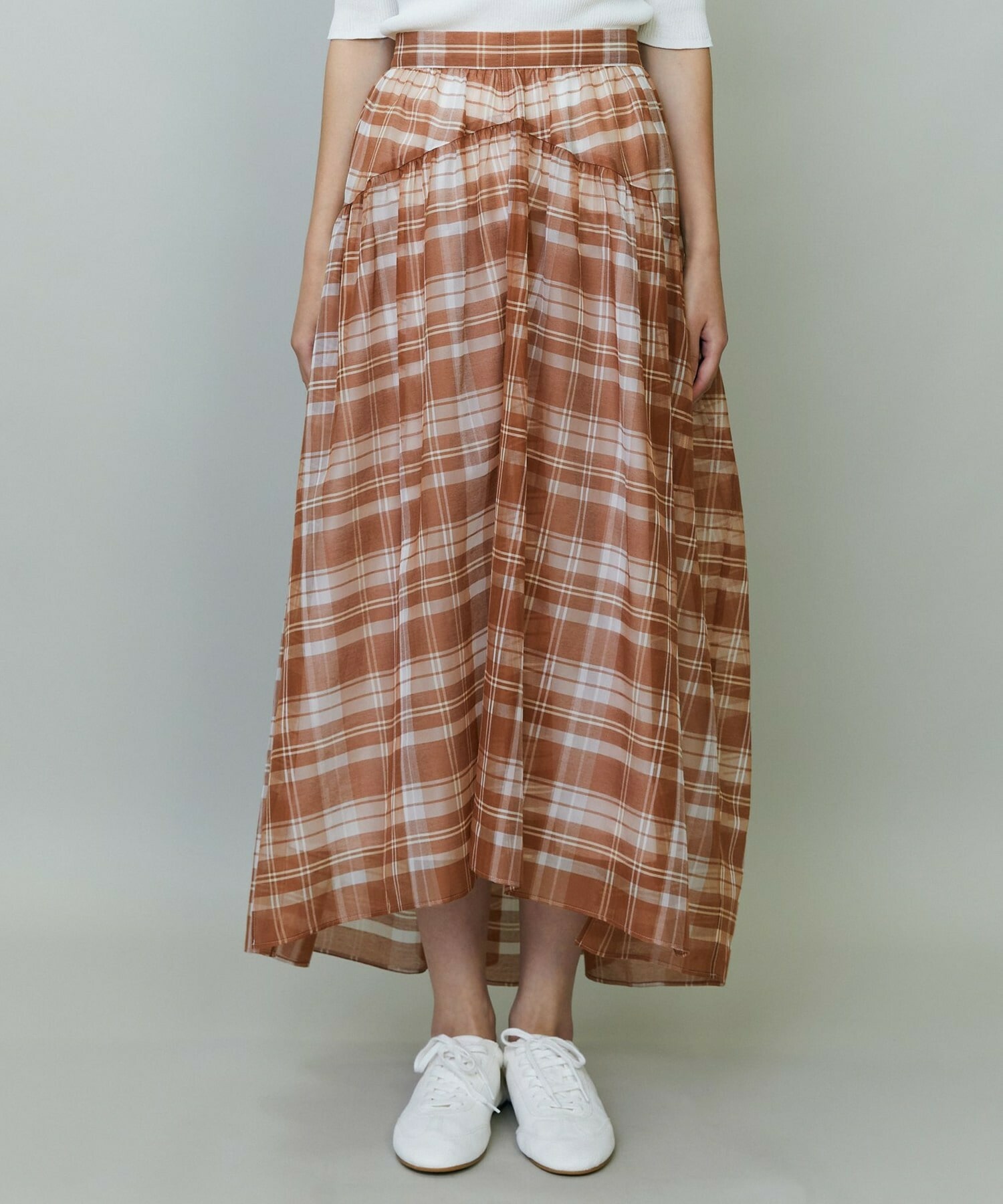 【endalence】チェックオーガンジーギャザースカート 詳細画像 グリーン系その他 7