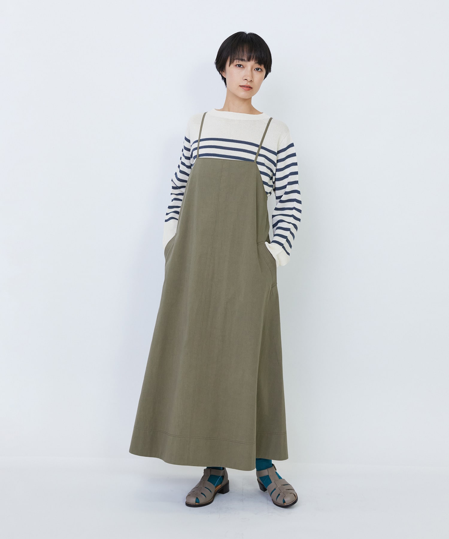 【LOISIR】【MTサイズ有り】コットンツイルエプロンワンピース 詳細画像 カーキ 1