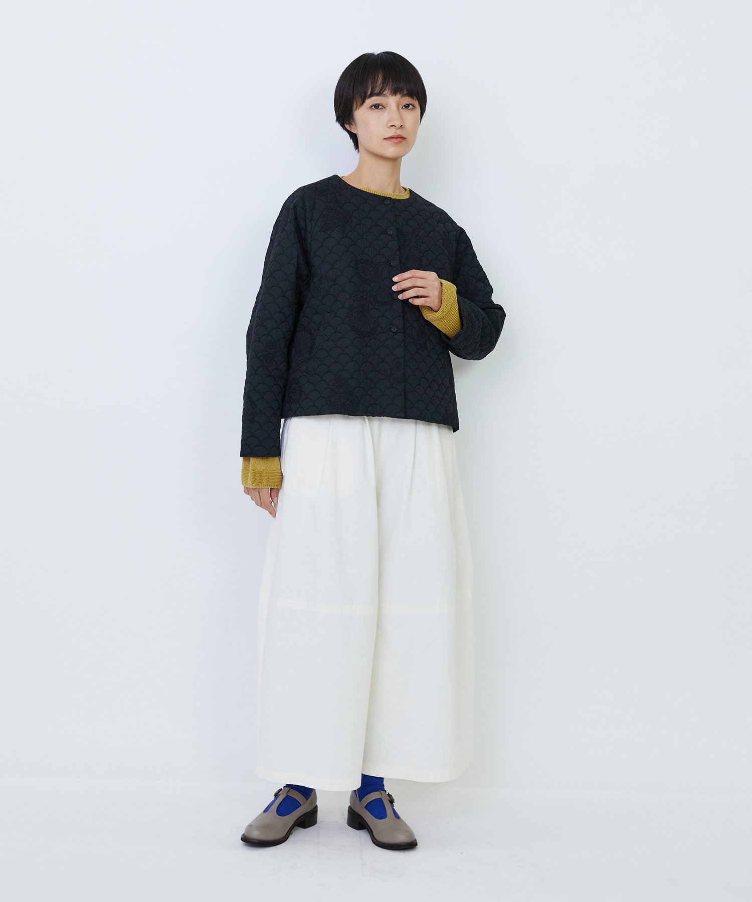 【LOISIR】コットンリネンキルティング風刺繍ノーカラージャケット 詳細画像 ブラック系その他 5