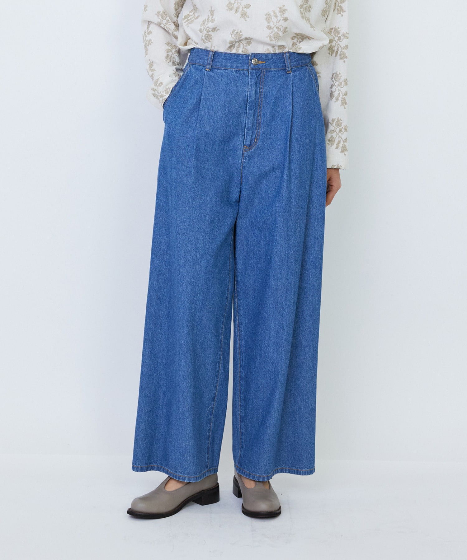 【LOISIR】【MTサイズ有り】綿麻ライトデニムワイドパンツ 詳細画像 ライトインディゴブルー 1