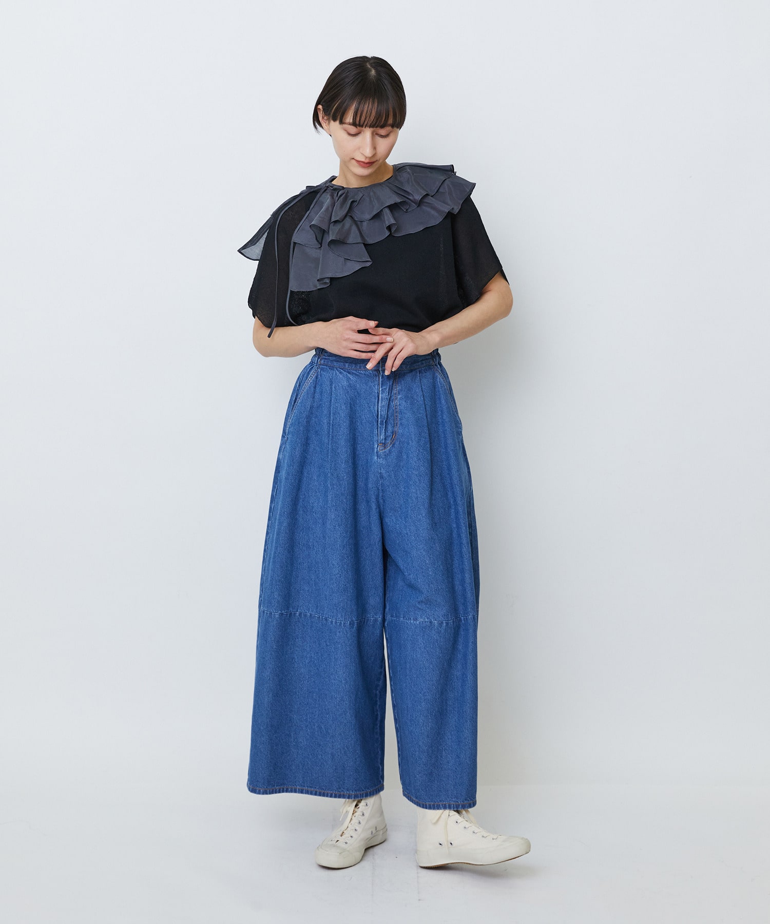 【LOISIR】綿麻ライトデニムボトルシルエットパンツ 詳細画像 インディゴブルー 9
