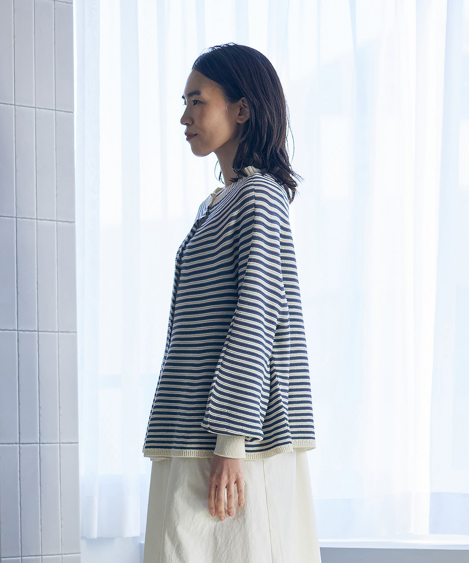 【LOISIR】【2WAY】サーキュラーフレアーカーディガン 詳細画像 ネイビー&times;ホワイト 10