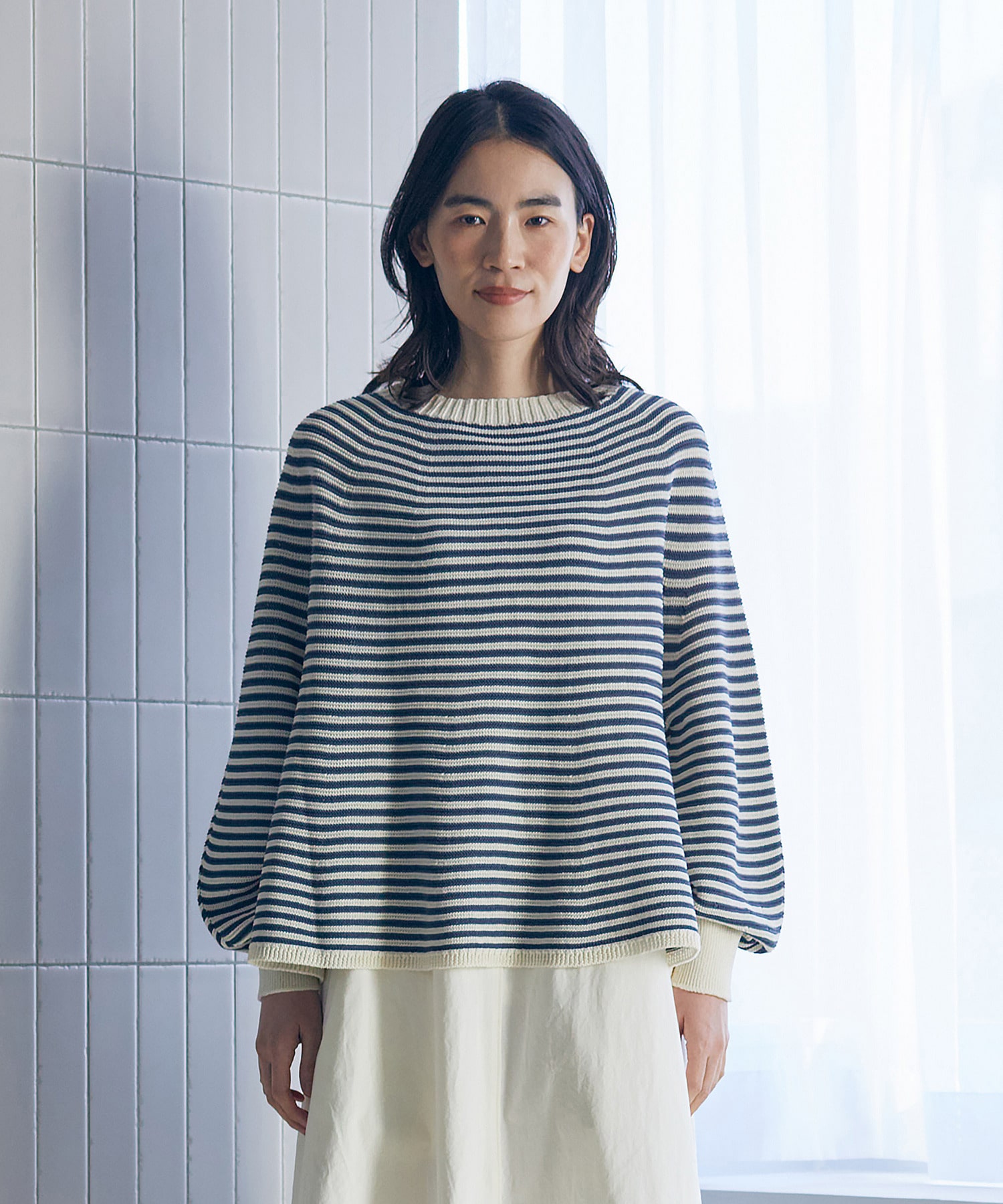 【LOISIR】【2WAY】サーキュラーフレアーカーディガン 詳細画像 ネイビー&times;ホワイト 12