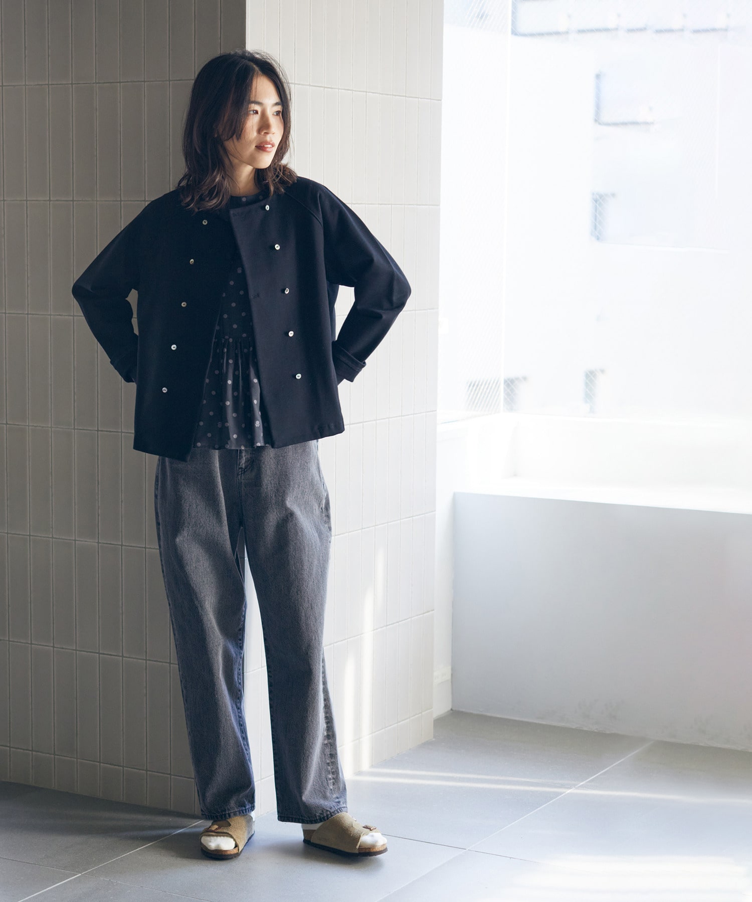 【LOISIR】コットン裏毛クルーネックジャケット 詳細画像 グレー 6