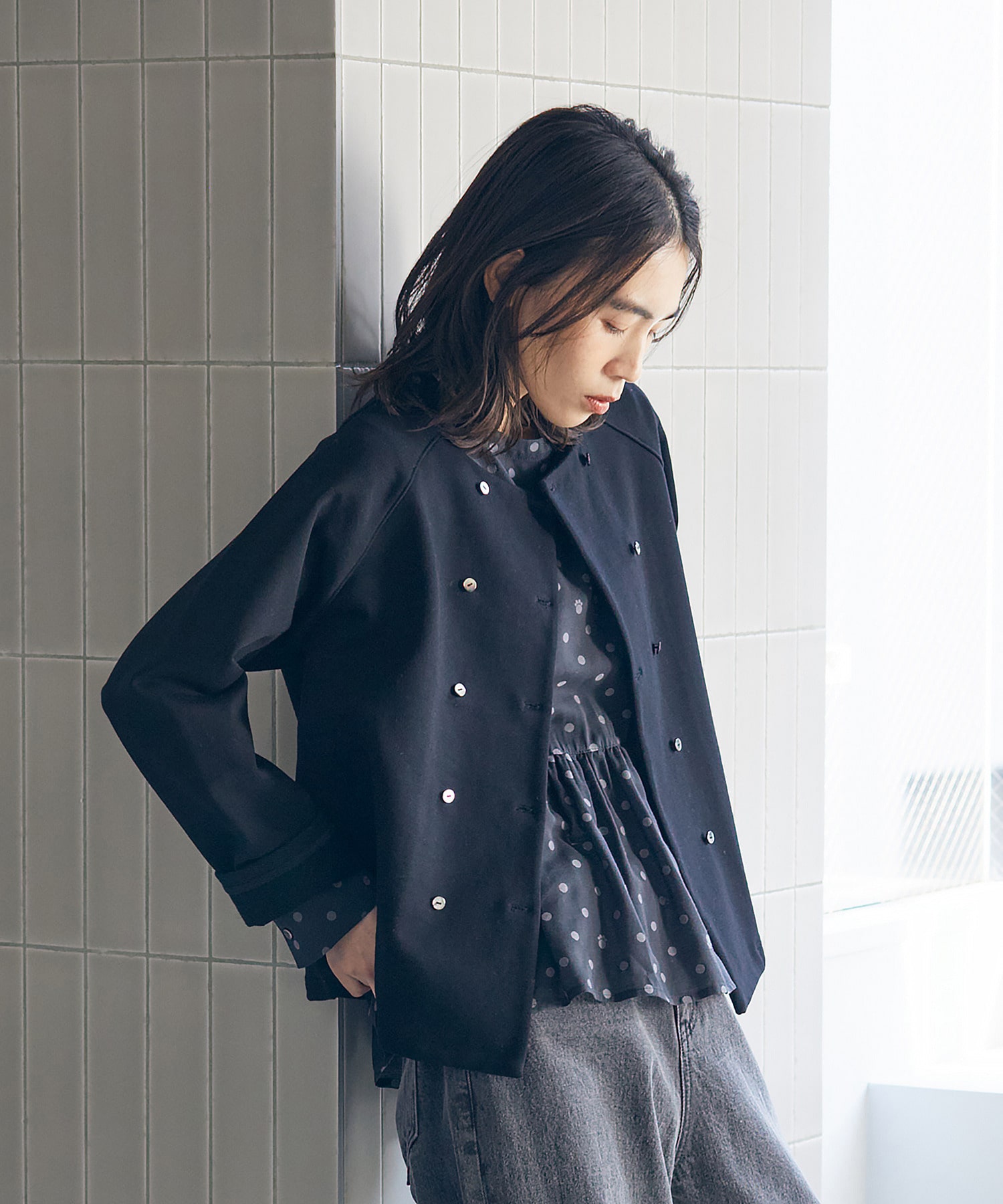 【LOISIR】コットン裏毛クルーネックジャケット 詳細画像 グレー 7