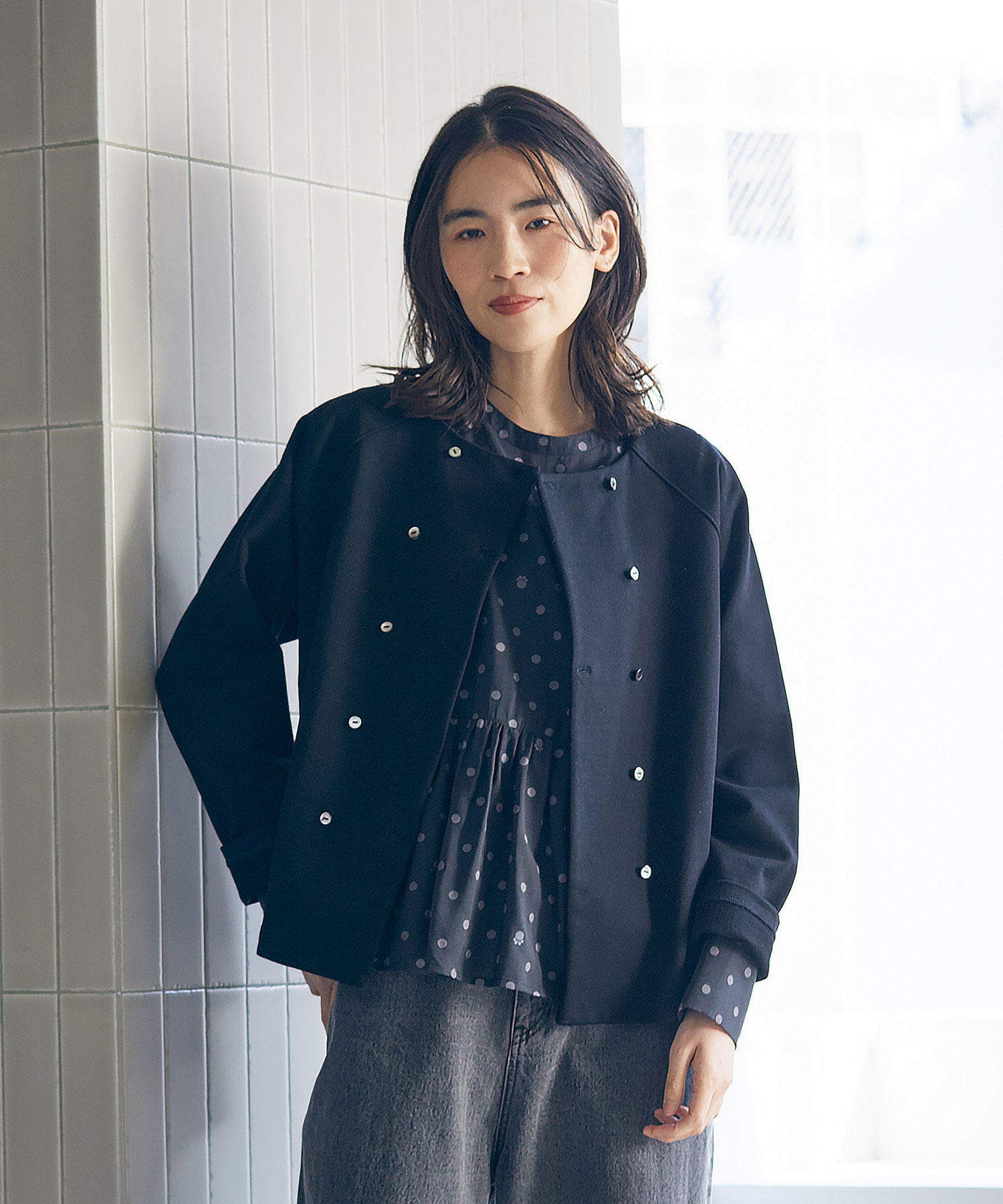 【LOISIR】コットン裏毛クルーネックジャケット 詳細画像 ブラック 1