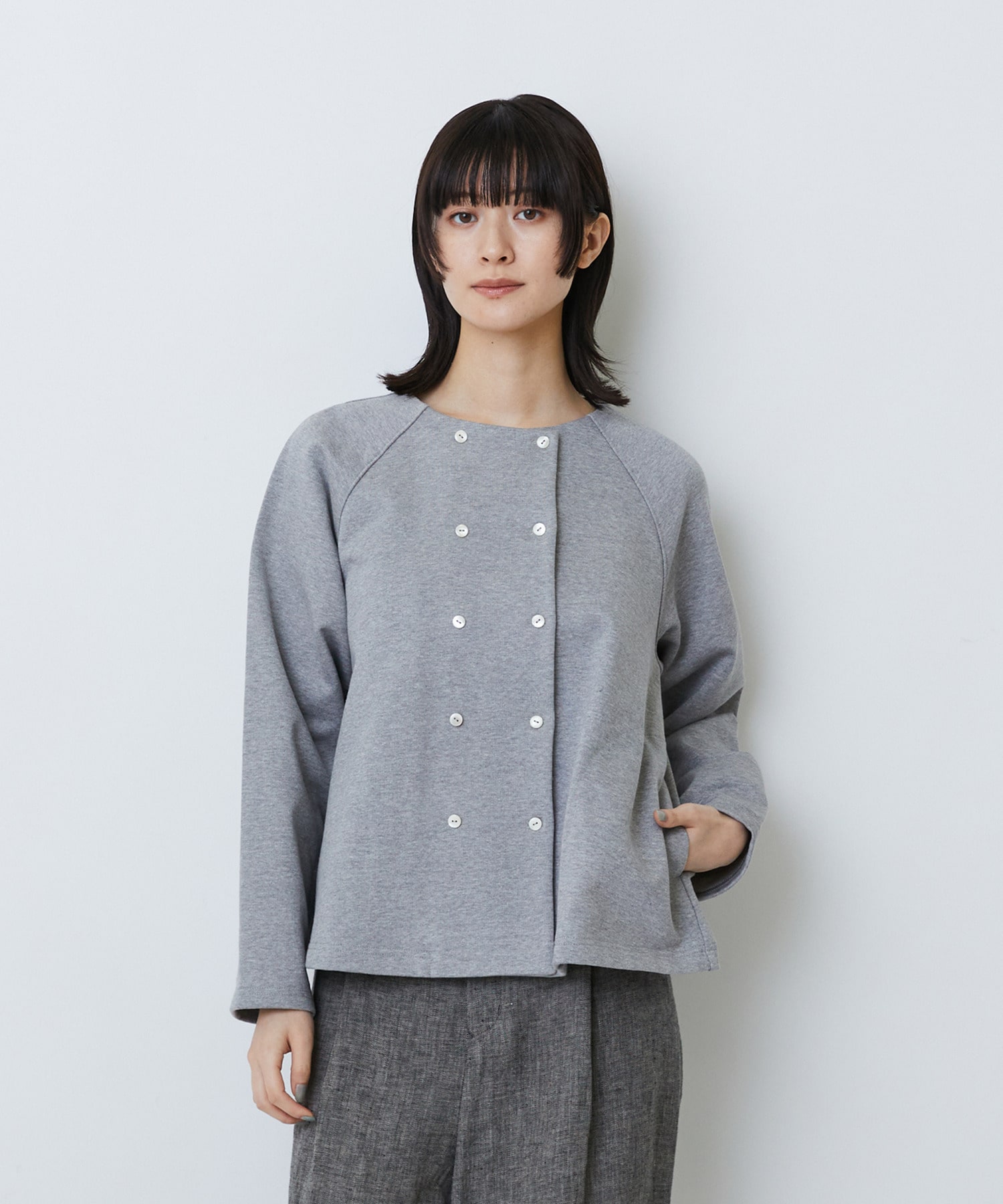 【LOISIR】コットン裏毛クルーネックジャケット 詳細画像 グレー 1